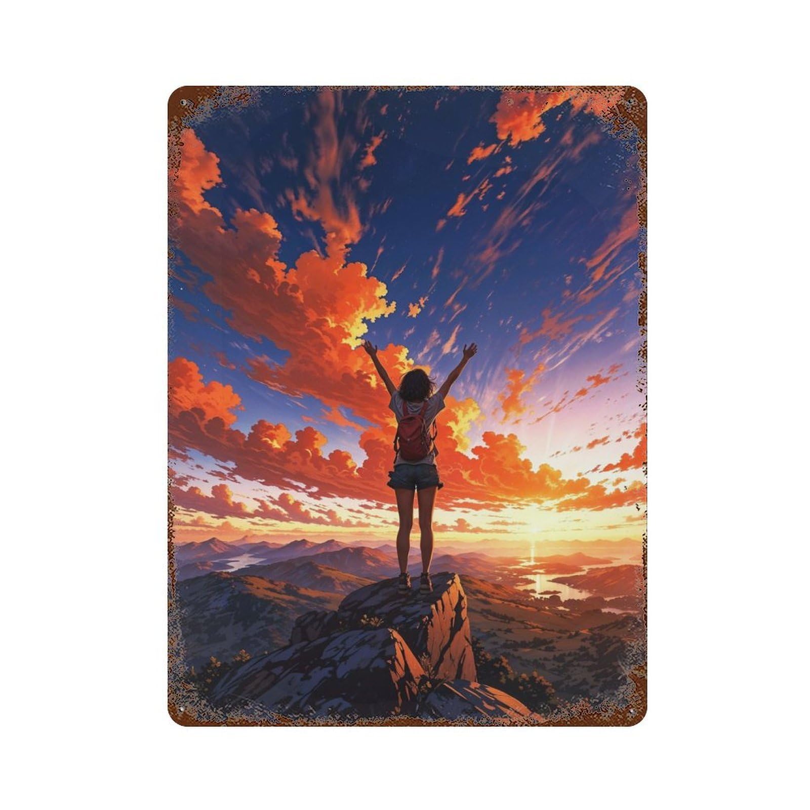 Girl on Mountaintop Sunset Rust Effect Tin Sign 15.7"x11.8", Ideal for Cafe, Home Bar And Lounge Decor