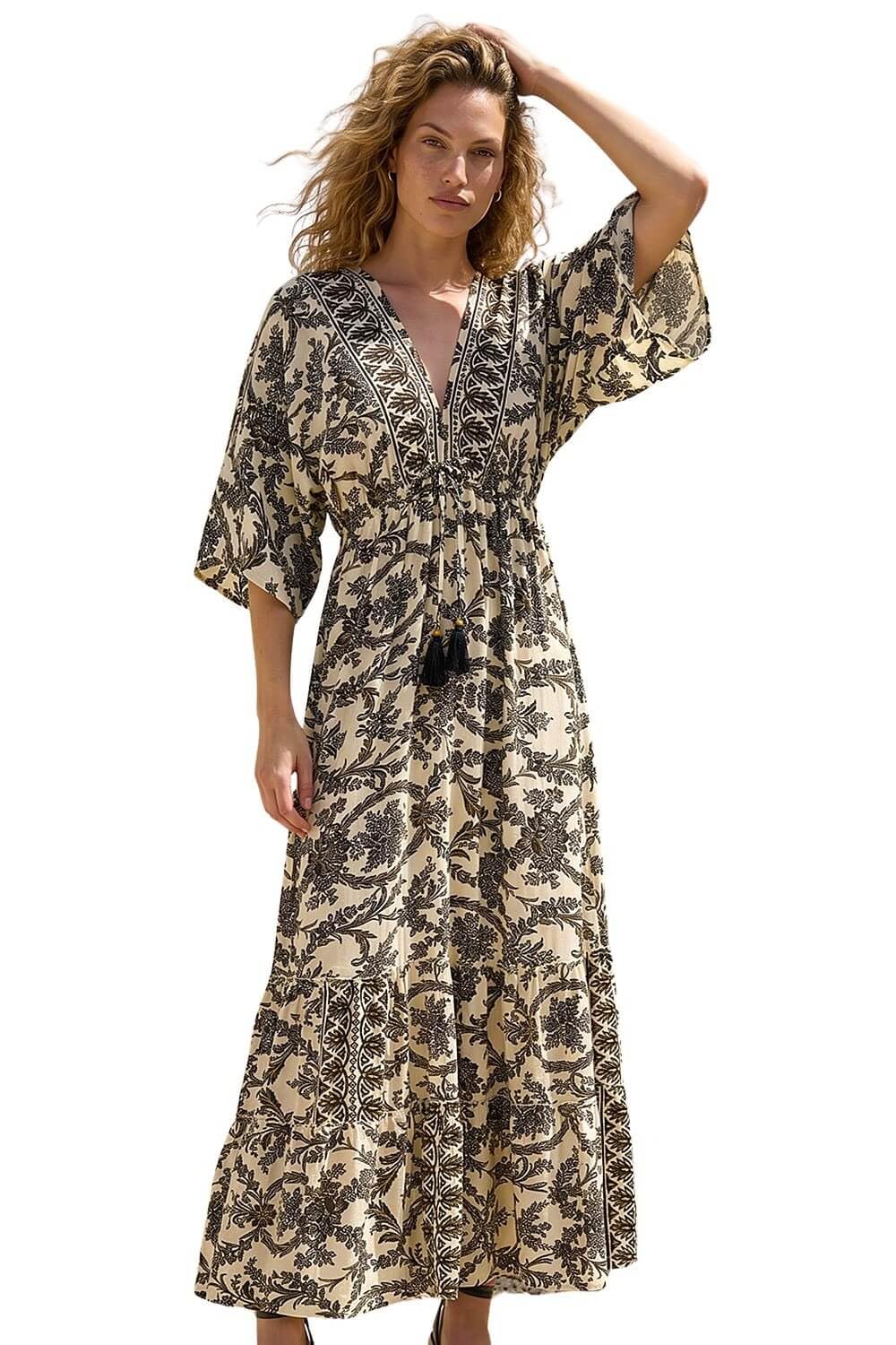 Roman Women's Ivory Floral Border Boho Maxi Dress Size 18