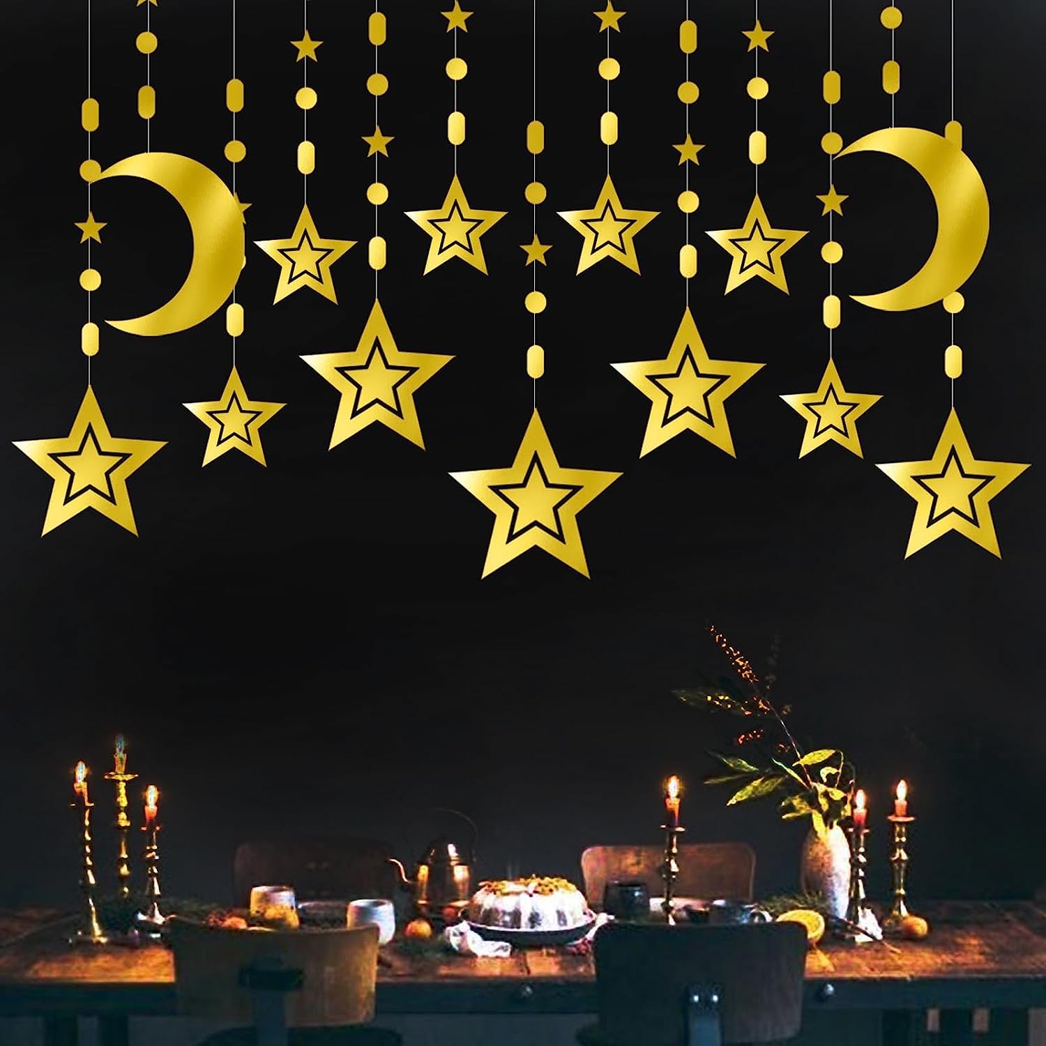 Ghirlanda Iridescente Ramadan 12 Pezzi - Stelle, Luna E Lanterne - Decorazioni Per Feste, Compleanni, Matrimoni (90cm L'una)