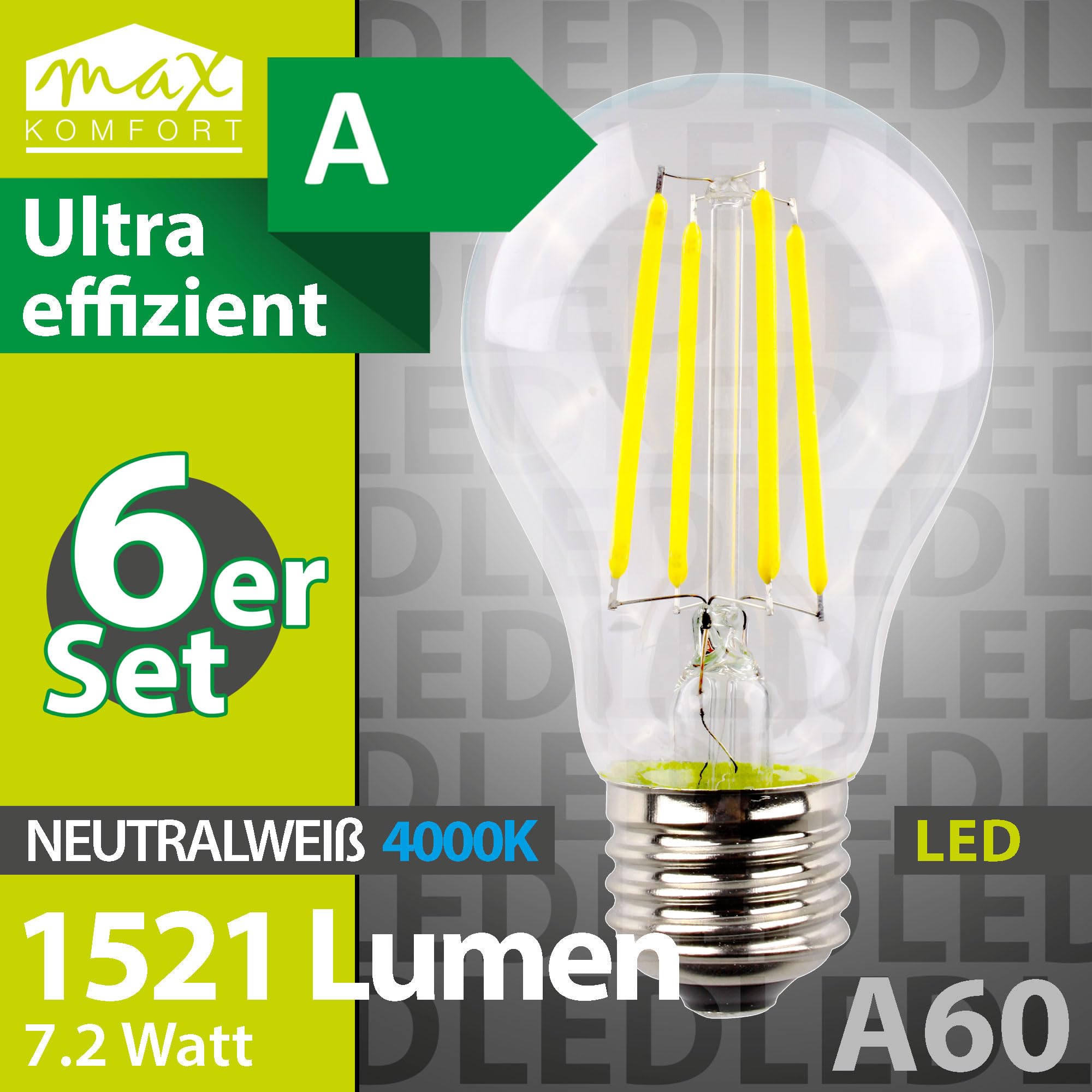 Maxkomfort 10x LED E27 Glühbirne Filament – 7,2W ersetzt 100W, Energieklasse A, 1521 Lumen Neutralweiß (4000K), A67, 50.000h Lebensdauer, Leuchtmittel 360°