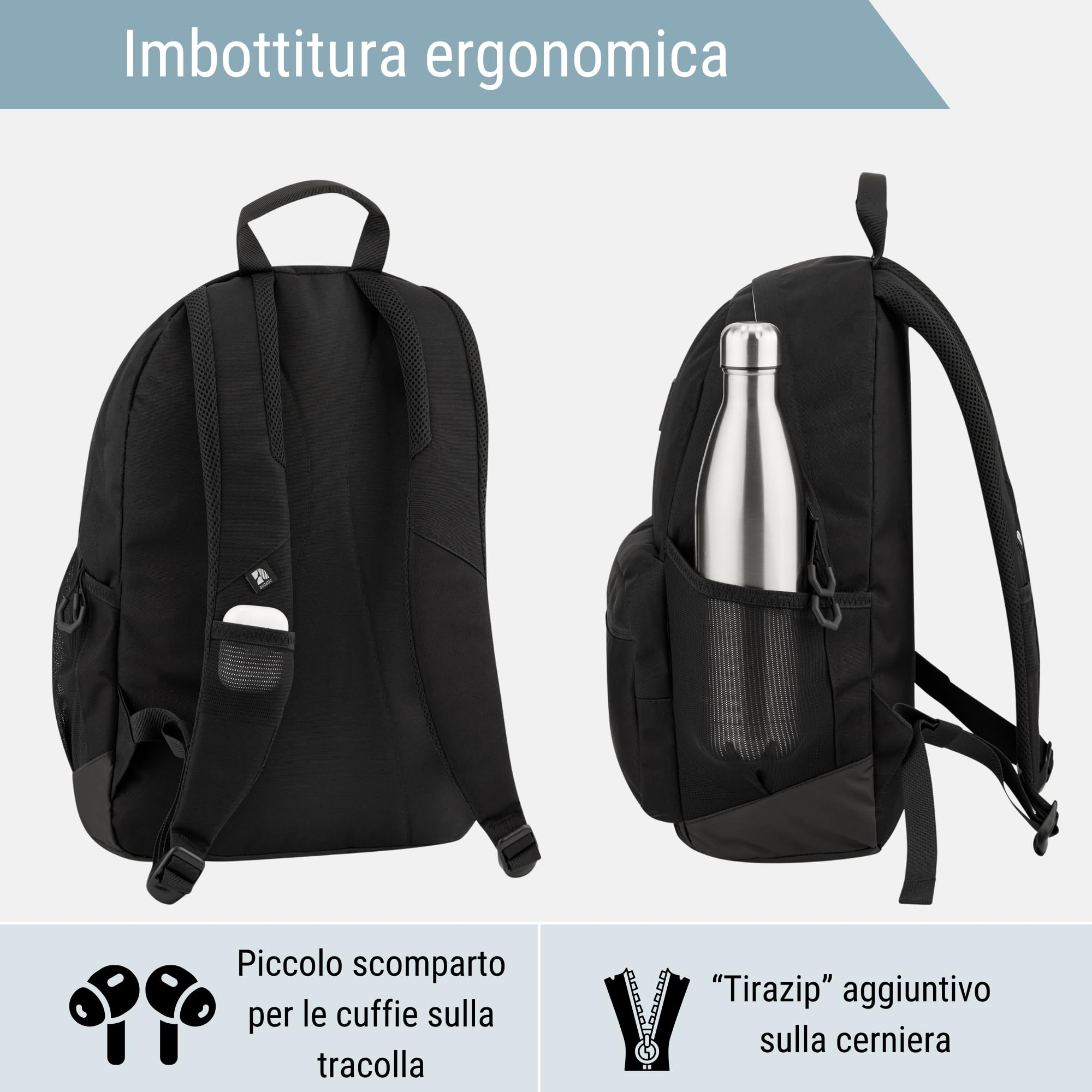 AUDETIC Zaino Donna e Uomo Nero - Flex - Zainetto Grande Ragazza e Ragazzo per Scuola Media, da Viaggio, Lavoro - Scomparto PC Portatile - Impermeabile