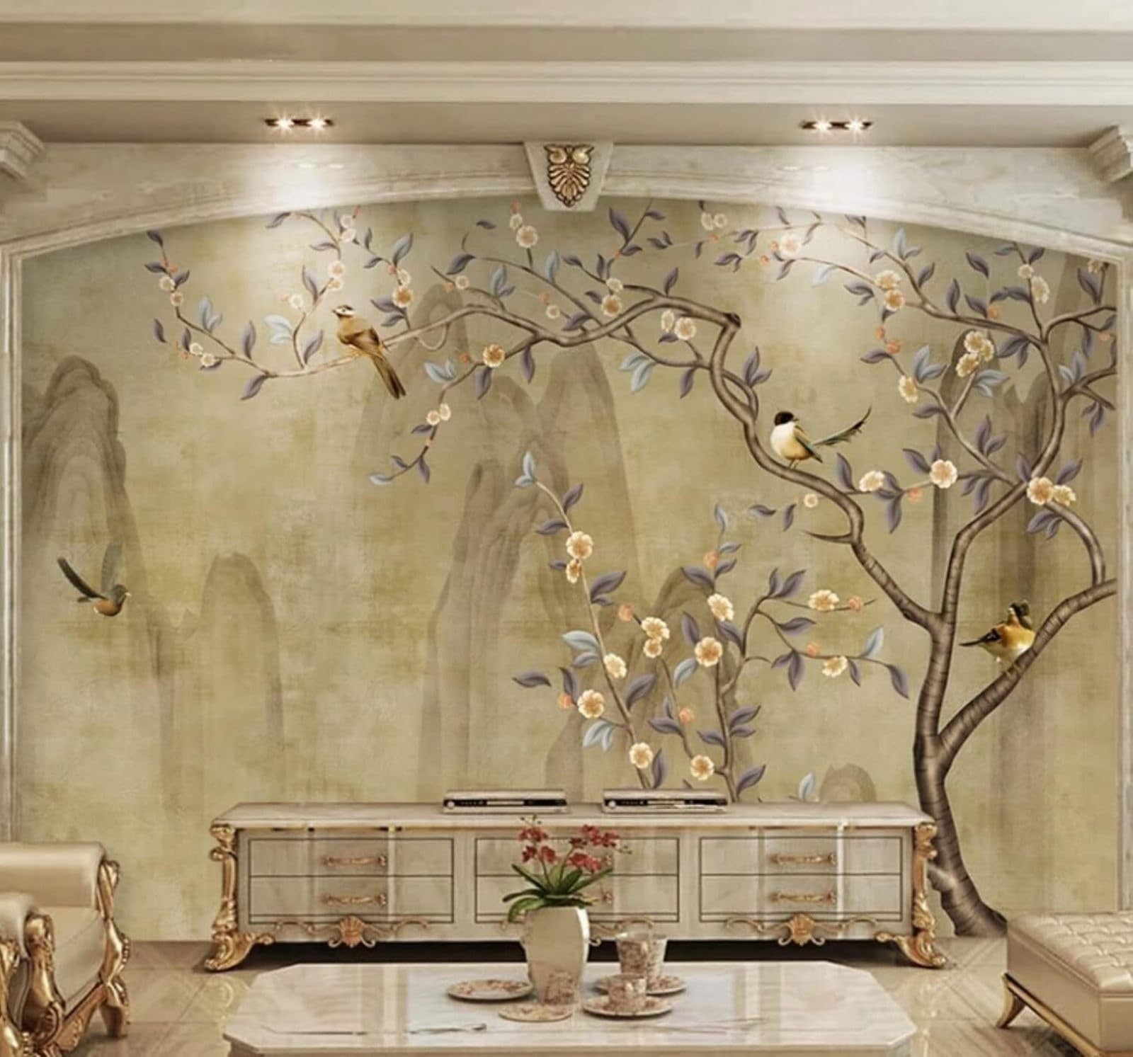 Vintage Hand Drawn Elegant Floral and Bird Scenery 3D Wallpaper Easy Install Feature Office Living Room Sofa Bedroom TV Background Wall Decoration-400cm×280cm