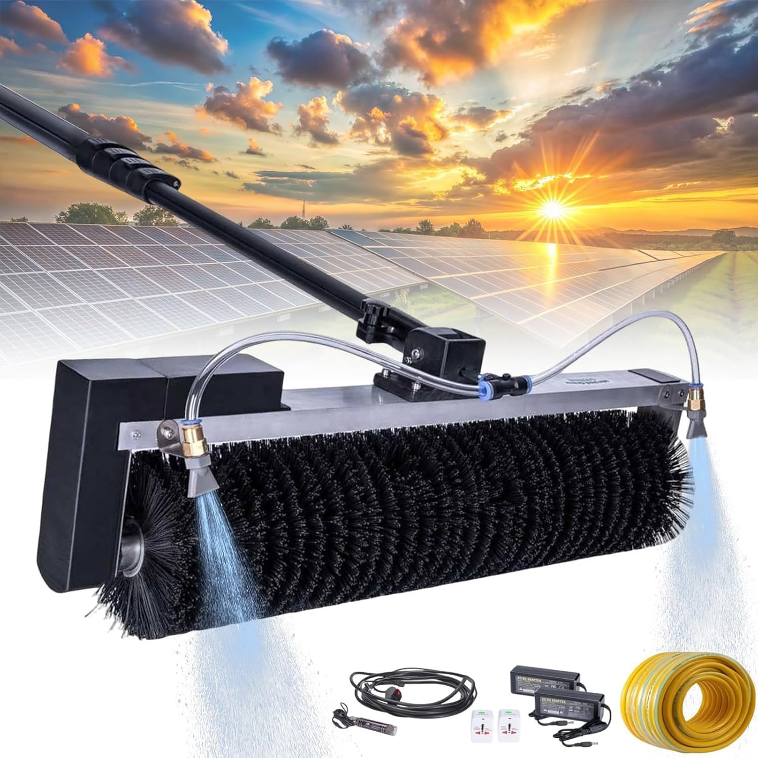 Lqqyjsm 5.5M Solar Panel Cleaning Kit, 60Cm Automatic Rotary Cleaning Brush, Solar Panel/Roof Water Brush For Cleaning Stubborn Bird Droppings, Oil Stains, Dust With Extension Rod -Lithiumversion