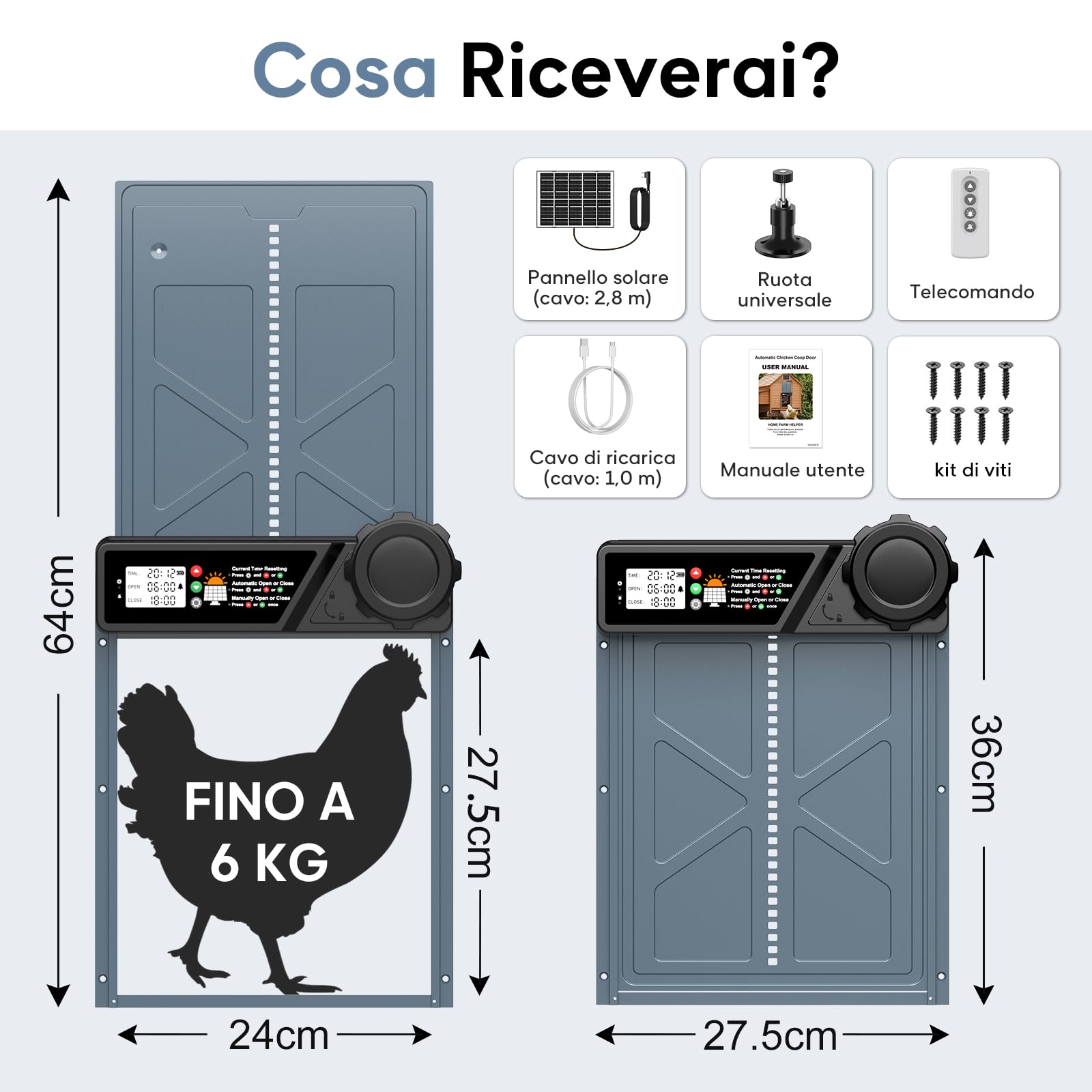 CHAMUTY Grande lembo automatico per pollo, a energia solare, con timer, pannello solare da 7 W, display LCD, telecomando, porta automatica pollaio, protezione antibloccaggio