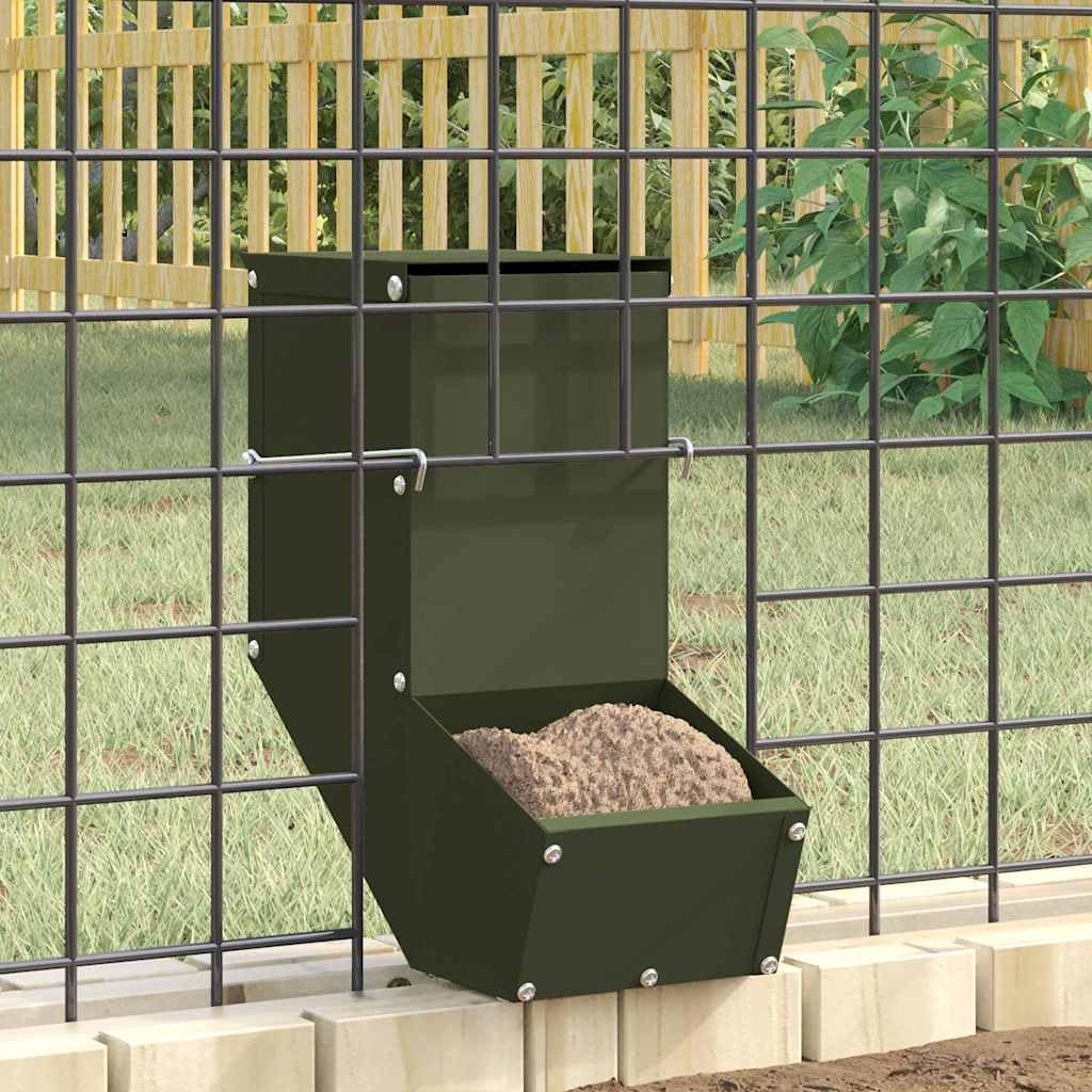 Comedero para conejos verde oliva de acero laminado en frío, 12,5 x 26 x 28,5 cm, resistente a la intemperie, para interior y exterior, con montaje en pared y práctico comedero para mascotas