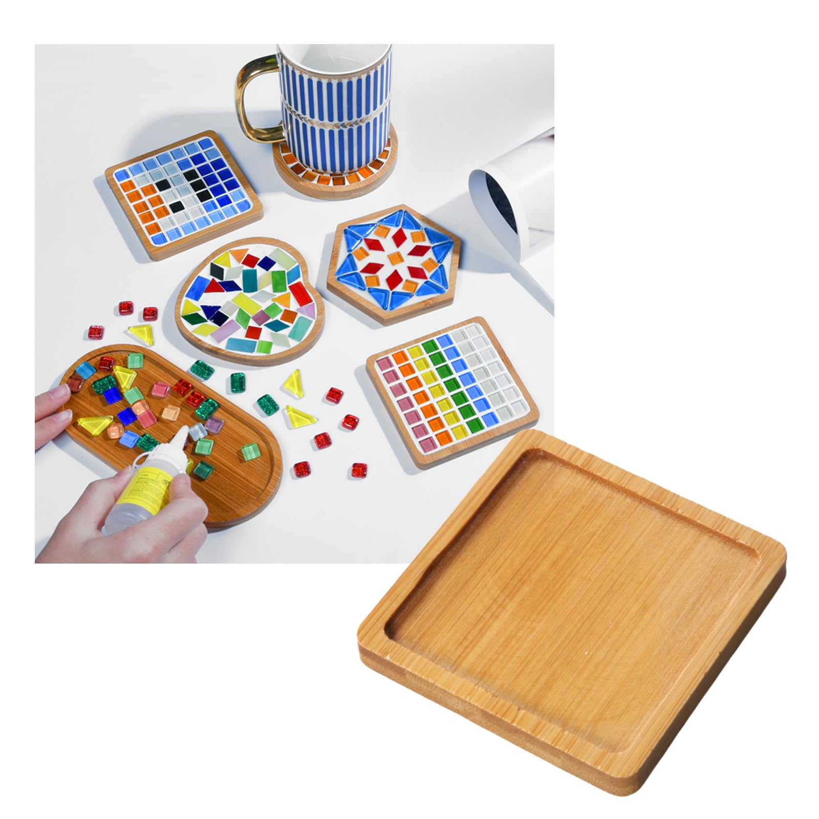Posavasos de Mosaico de Bambú, 6 Pcs, Cuadrados, Resistente al Calor, Rellenables para Bebidas, Vasos, Vidrio