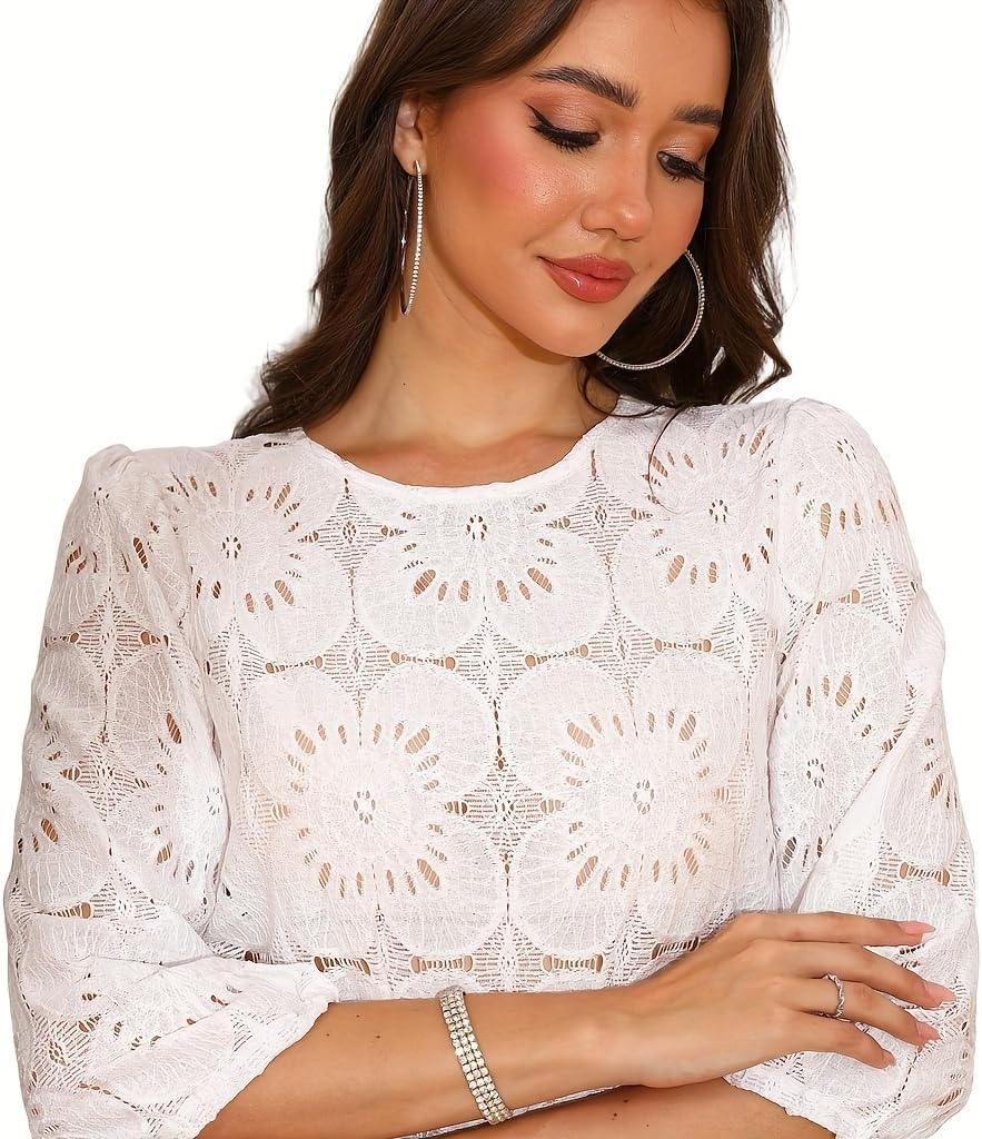 Boho Eyelet Lace Crochet Tops for Women Dressy Casual Summer Fall Fashion Lightweight Tops&Blouses - Image 3