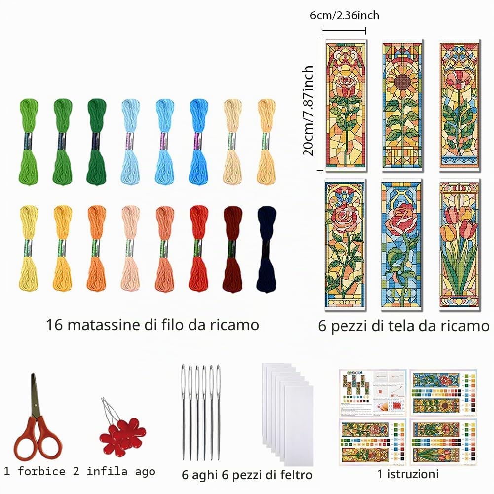 FREEBLOSS Set di 6 segnalibri a punto croce con motivo floreale, set da ricamo con istruzioni per adulti, 22 x 6 cm