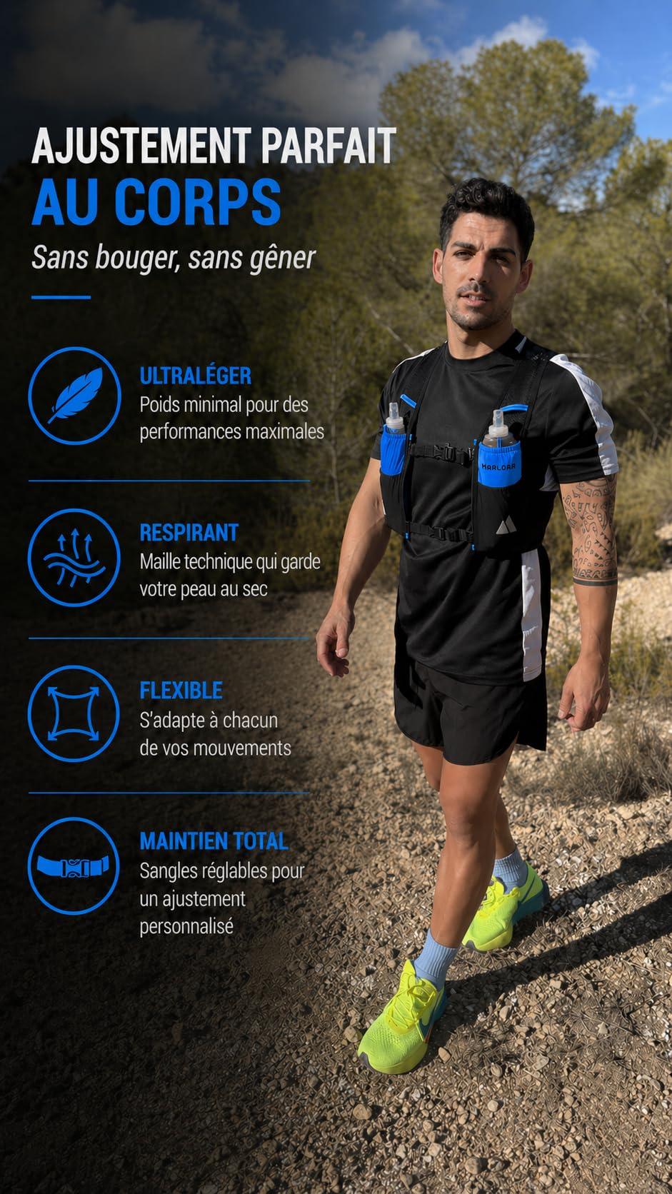 Gilet hydratation - Sac hydratation Running, 2 flasques Souples 500ml incluses, léger et Respirant, Trail et Course à Pied