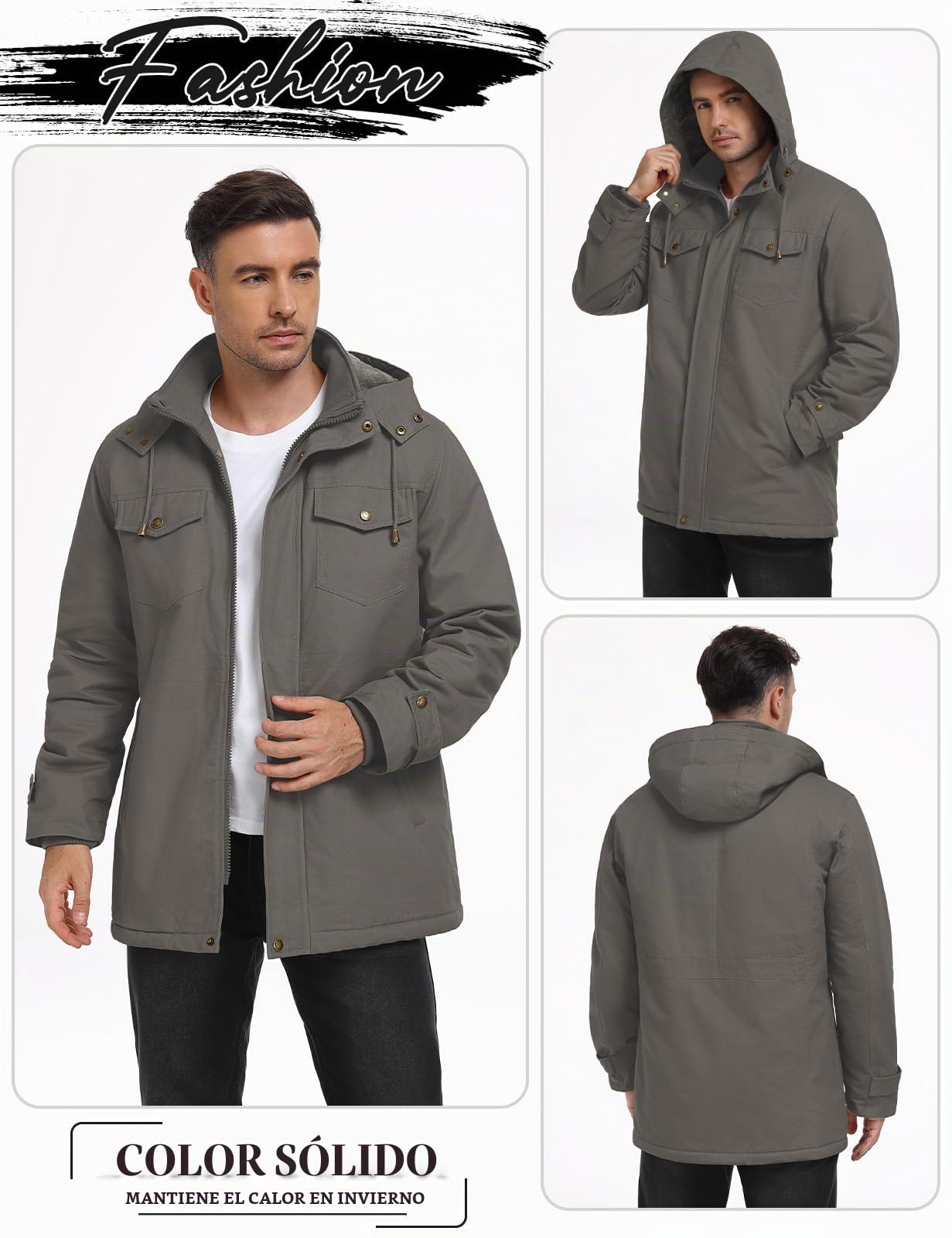 Xnova Chaqueta Hombre Invierno Abrigos Cálido Forro Polar Algodón Parka con Capucha Desmontable Chaqueta Militar Termica Cazadora Entretiempo Trabajo con Bolsillos Múltiples