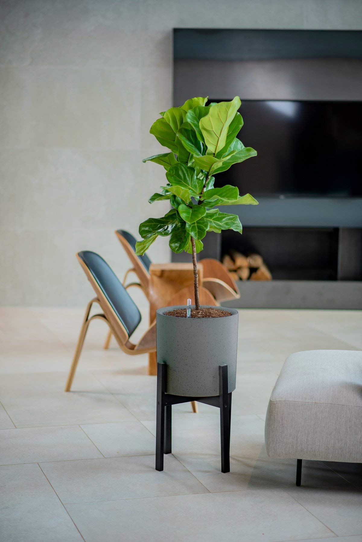 Vita 14 inch Round Vaxa Self-Watering Planter, Color: Graphite, Grey, Gray, Faux Stone Finish, Bamboo Reversible Stand, VT17801