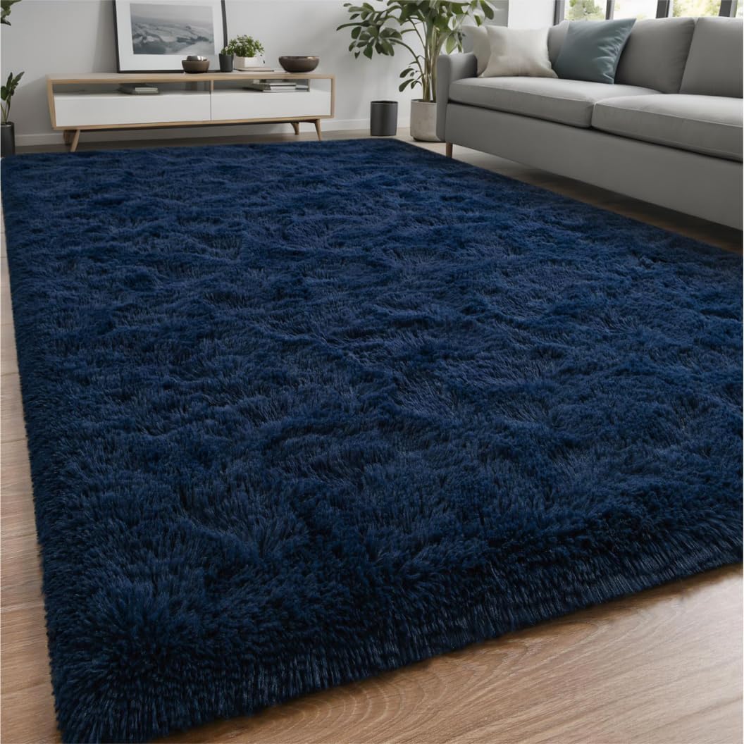 Nuttumico Fluffy Navy Blue Rug Carpet for Bedroom Living Room, 4x6 ft Area Rugs for Boys Kids Girls Bedroom Decor, Soft Shaggy Plush Floor Rug for Kids Nursery, Non-Slip