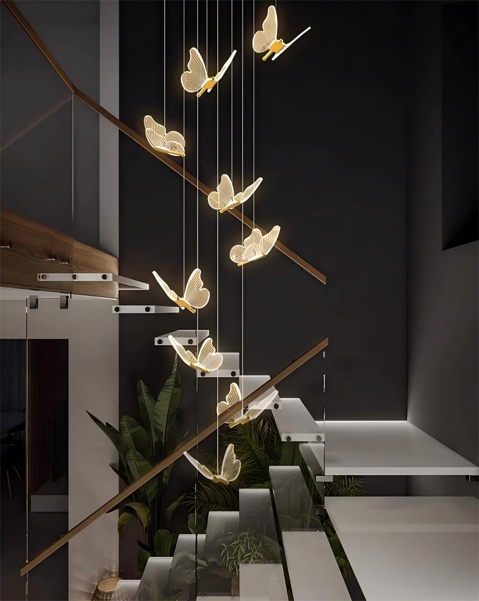 Ruirfh Dimmable Modern Stair Chandelier Led Aluminum Butterfly Shape Pendant Light Gold Interior Decoration Lighting Fixture Nordic Style Suitable For Living Room Villa Hotel Cloakroom Chandeliers(Dim
