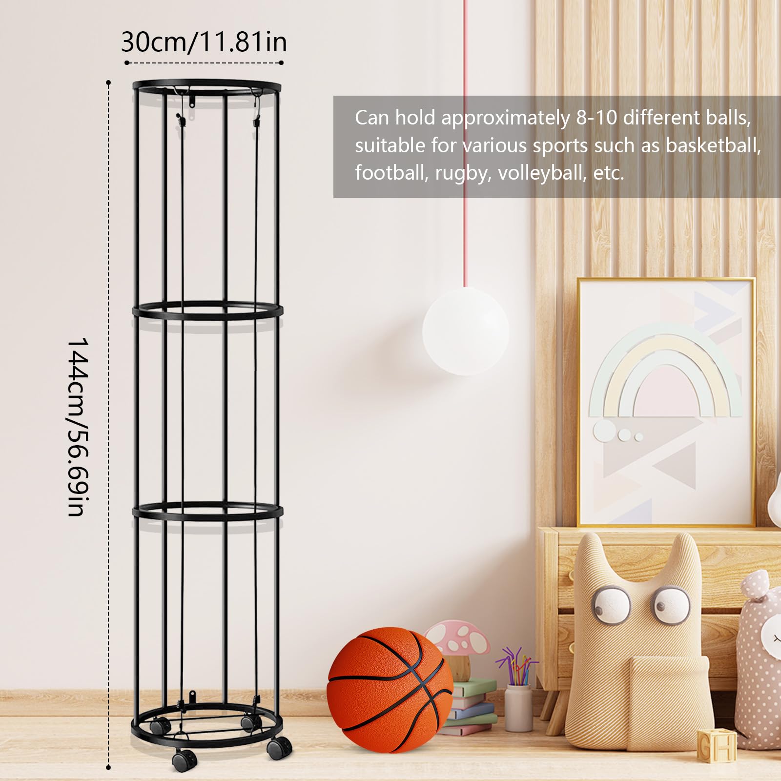Aisny Portapalle da Calcio, 3 Livelli Supporto da Parete con Rotelle Supporto da Parete per Palloni da Calcio Nero Organizer Rimovibile per Palloni da Basket per Garage E Casa 144x30x30 Cm