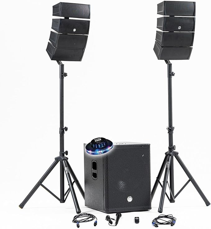 Pack Sono DJ 1200W Complet BM Bmsonic BMS-15-ARRAY-BT Enceintes Satellites SUB 38cm USB/Bluetooth, Supports Câbles, Jeu de lumière