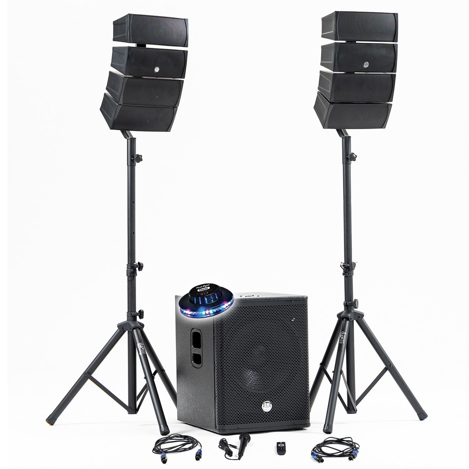 Pack Sono DJ 1200W Complet BM Bmsonic BMS-15-ARRAY-BT Enceintes Satellites SUB 38cm USB/Bluetooth, Supports Câbles, Jeu de lumière