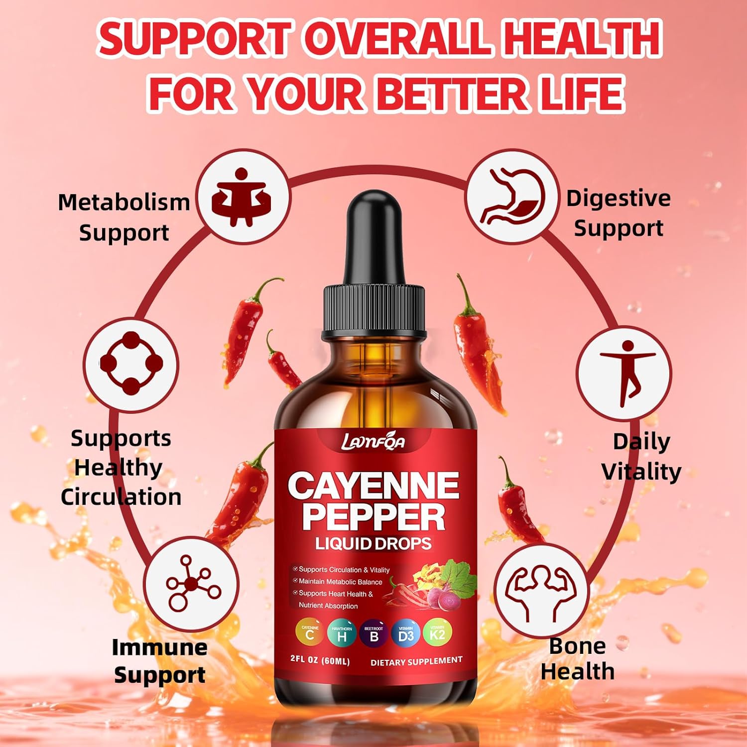 Cayenne Pepper Liquid Drops - Potent Blend with Hawthorn Berry, Turmeric Curcumin, Vitamin D3 K2, Beet Root & Panax Ginseng - Vegan, Non-GMO, High Absorbed Gentle Formula - 2 OZ - Image 3