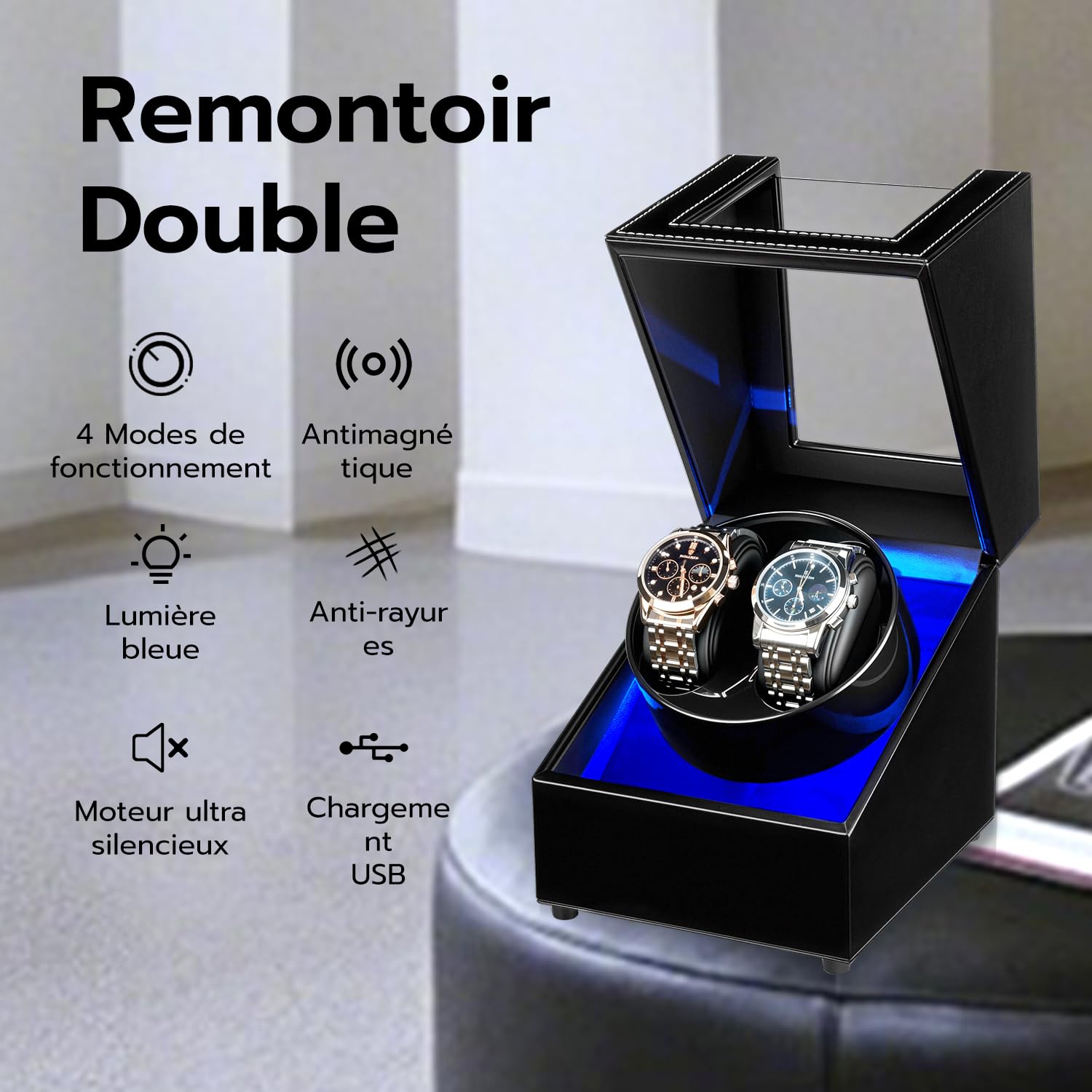 Mcbazel Double Remontoir de Montre, Boîte à Montre à Double Position en Cuir PU, 5 Modes de Rotation Automatique, Boîte de Rangement avec Chargement USB et Lumière LED Bleue – Noire
