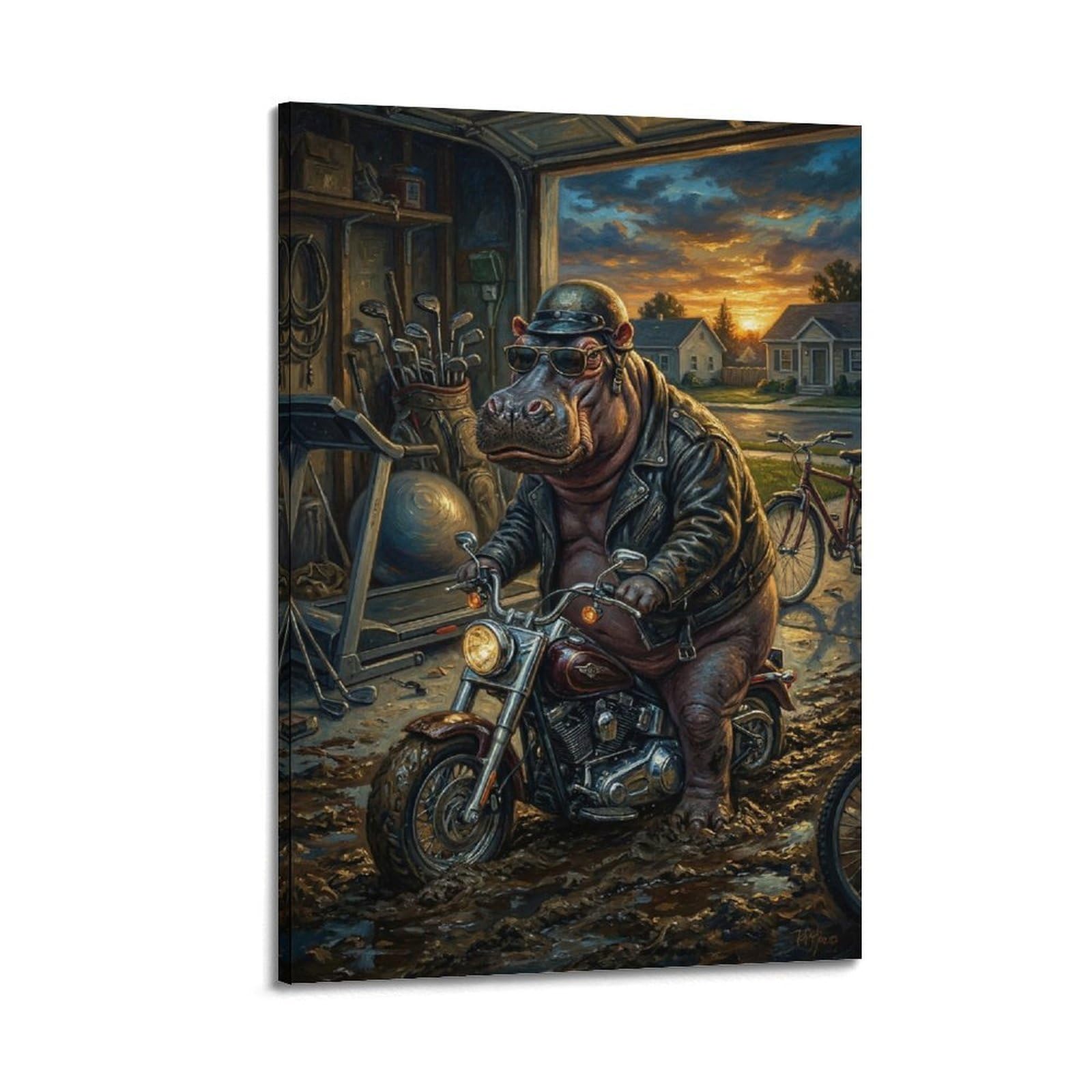 XKUGA Poster Surreale vintage con stampa su tela, motivo: orso, moto e fuga su strada, decorazione artistica da parete moderna, ideale per la famiglia, la grotta degli uomini, la sala giochi, la