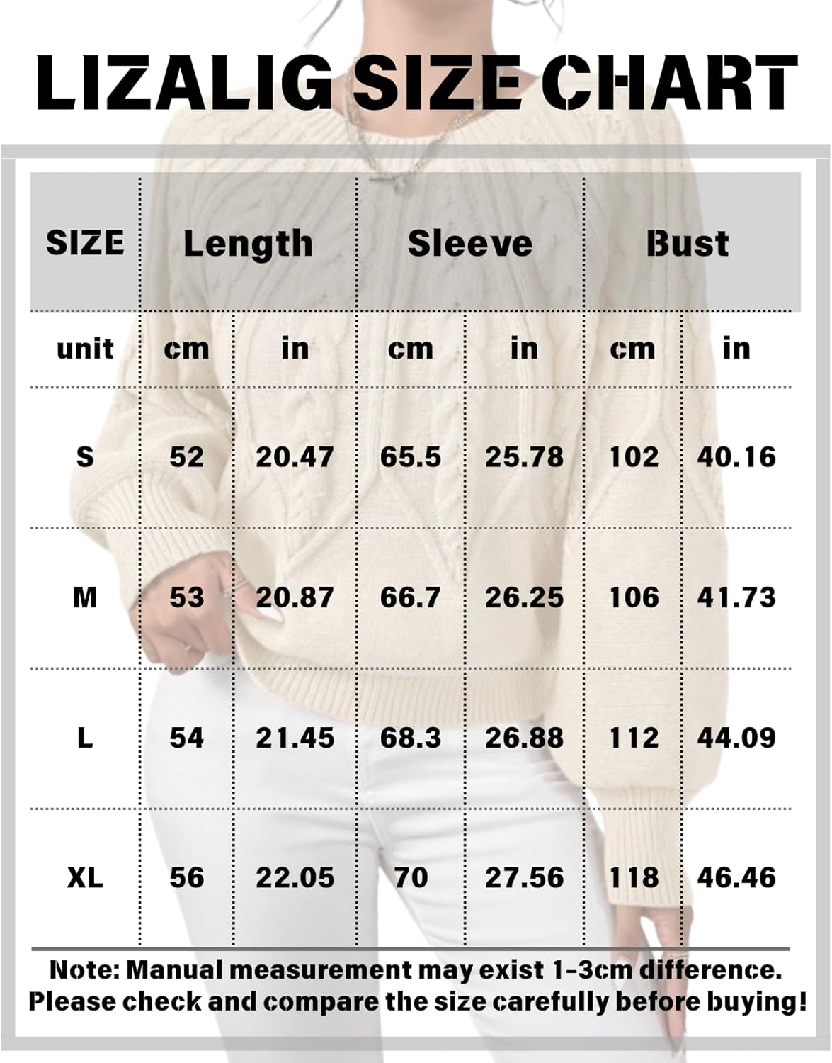 LIZALIG Women's Chunky Cable Knit Pullover - Crewneck Long Sleeve Fashion Sweater for Fall Casual Outfits