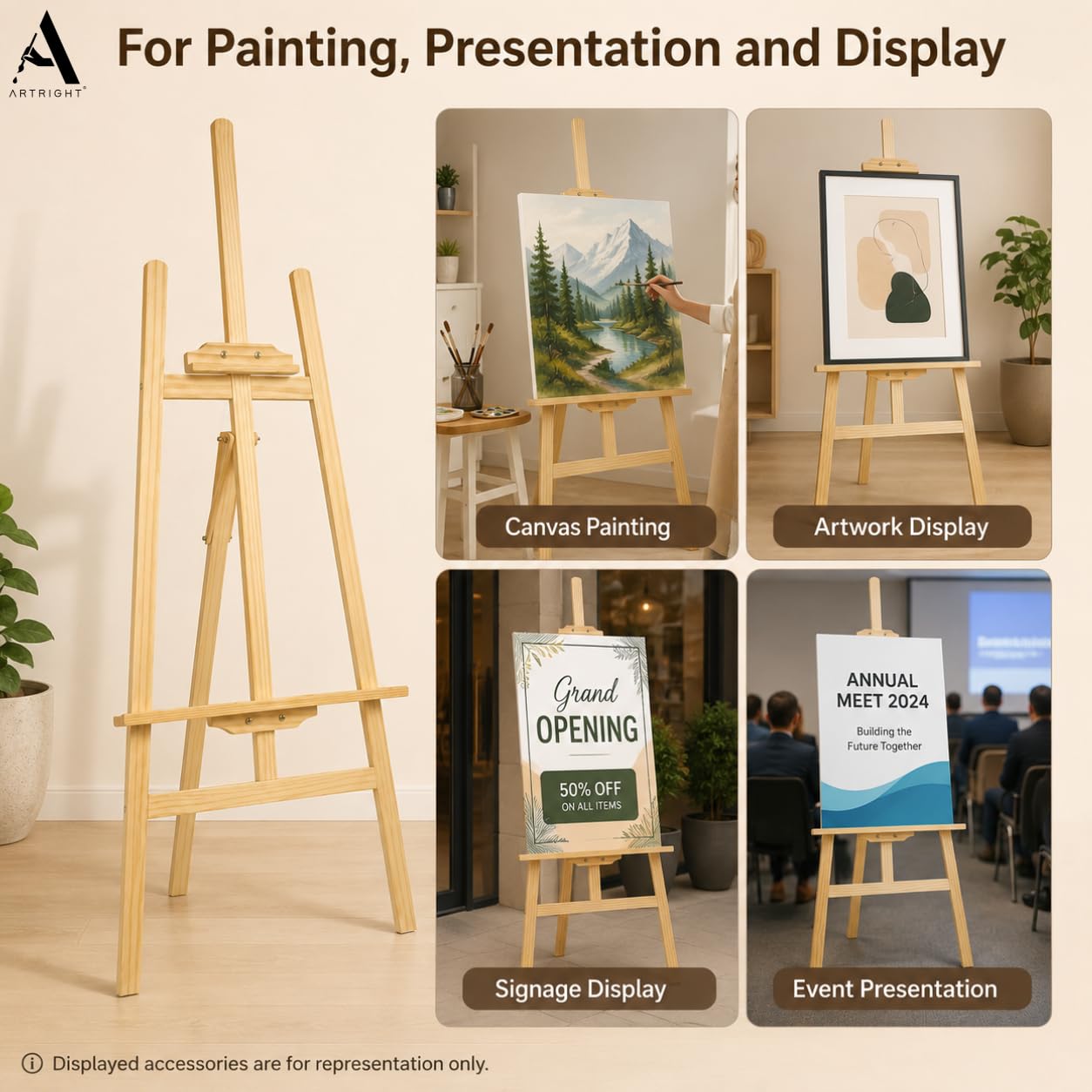 ArtRight Artists 5 Feet Adjustable Wooden Easel Painting Stand for Painting & Display (Unassembled) - 5 Ft (56") Large Studio Easel Stand, Holds Canvas up to 43 Inches, Beechwood 4