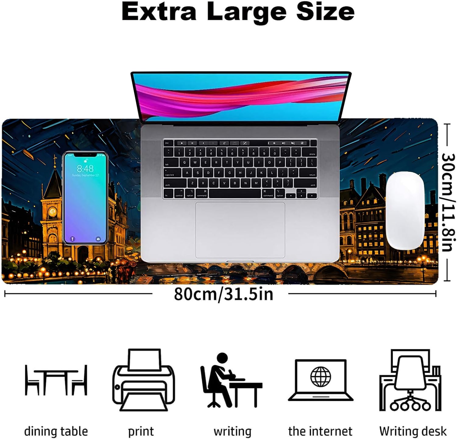 Paris Nightscape Gaming Mouse Pad, Office Desk Mat, Anti-Slip Rubber Base Cool Aesthetic Mouse Pads for Computer Laptop Keyboard School Home Desktop Gamer Home Accessories Decor 31.5" x 11.8"