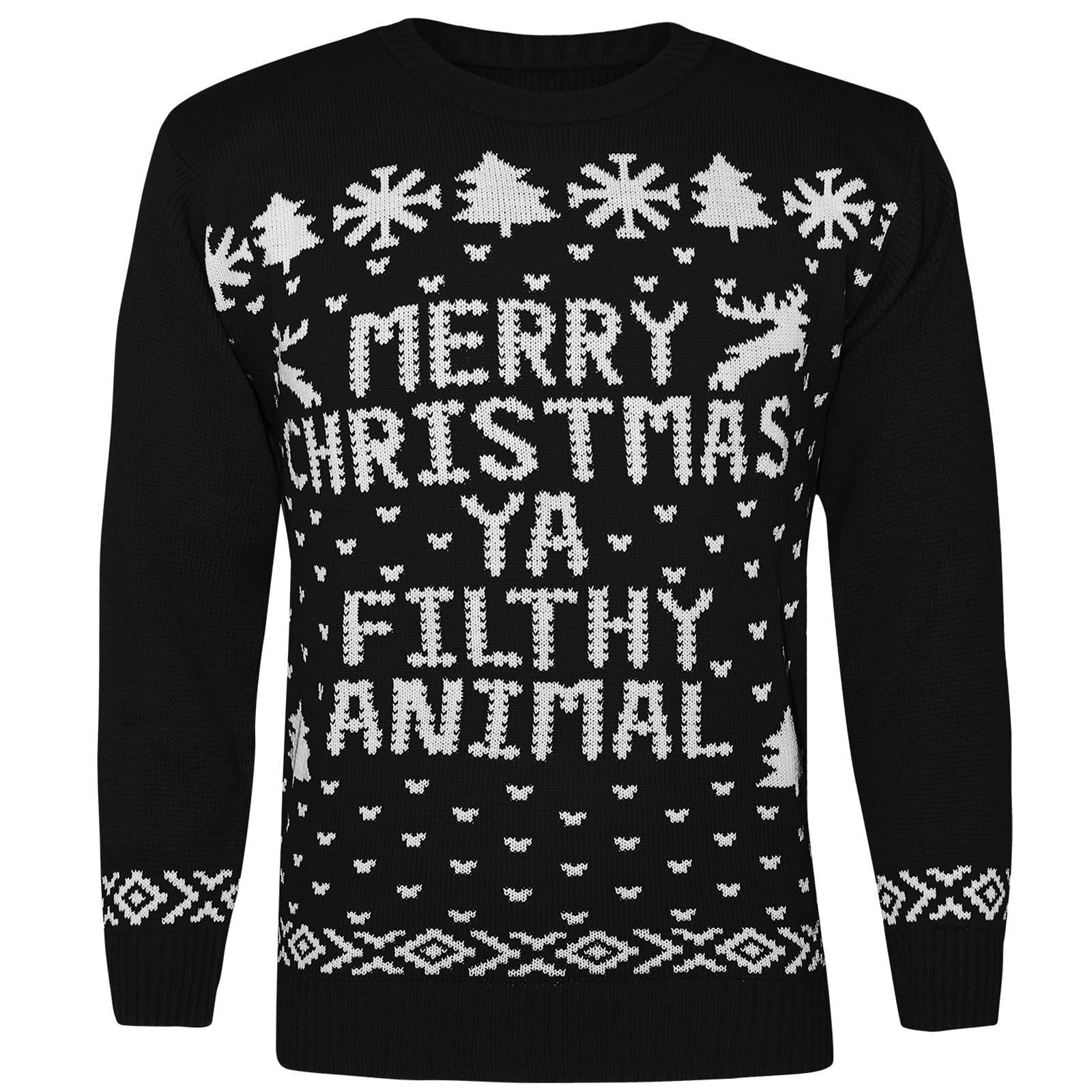GOSTYLES® Womens Merry Christmas Ya Filthy Animal Jumper Funny Novelty Xmas Sweater, Ladies Festive Knitwear for Christmas Pullover Tops (Black, XXL)