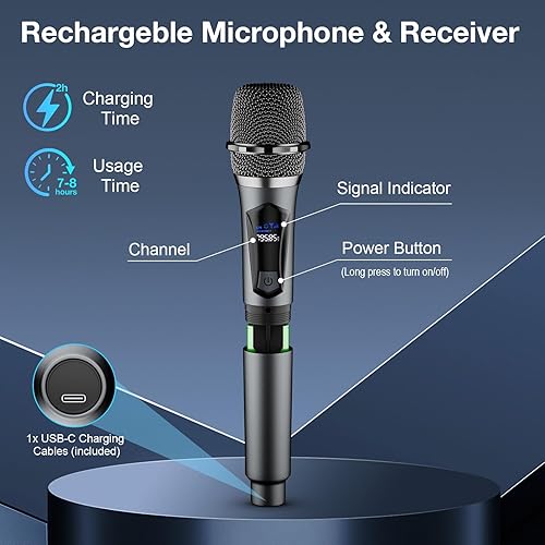 Miniatura 7 de Micrófono inalámbrico, sistema profesional de micrófono dinámico inalámbrico de mano dual con receptor recargable, juego de micrófono de karaoke