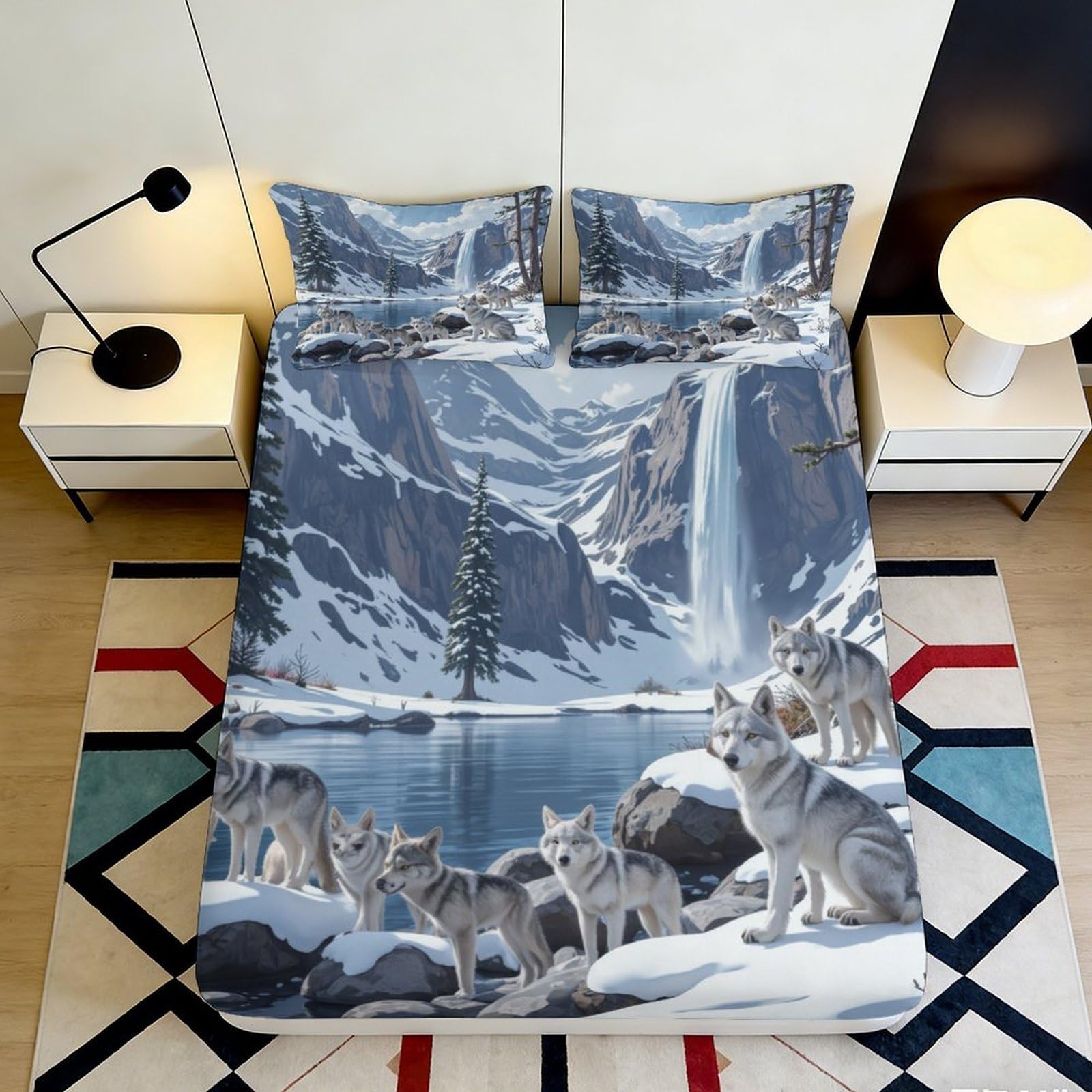 3D Printed Wolf Mountain Fitted Sheet Microfiber Anti-Slip Waterfall Mattress Cover for Bedroom Dorm Room Easy Care 200x200x25cm