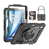 SEYMAC Case for iPad Air 11 Inch M3 2025/M2 2024 (Air 7th/6th Generation), Heavy Duty Shockproof Protective Case with Screen Protector, Rotating Stand and Hand/Shoulder Strap, Black