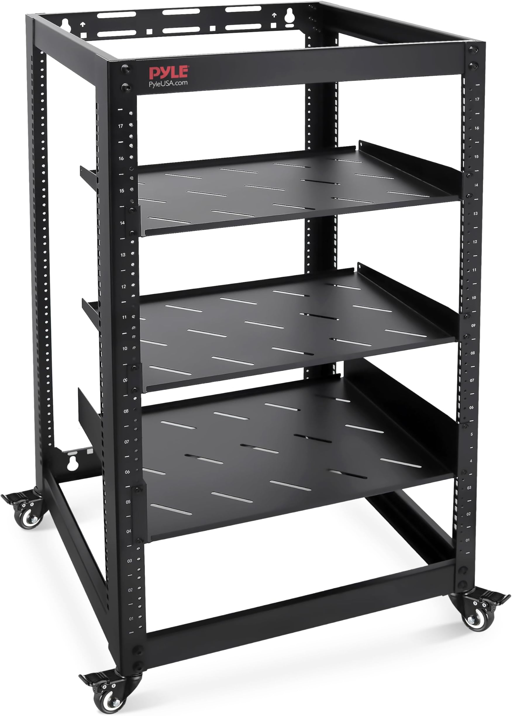 - Pyle 20U Open Frame Server Rack - Wall Mount Network Rack for Servers, Networking & AV Gear - Heavy-Duty 19" Equipment, Includes 1U & 2U Vented Shelves for Airflow, Lockable Wheels - 440 lbs Capacity