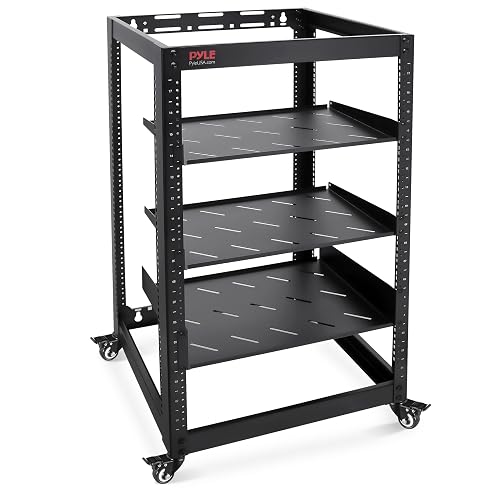 Pyle 20U Open Frame Server Rack - Wall Mount Network Rack for Servers, Networking & AV Gear - Heavy-Duty 19" Equipment, Includes 1U & 2U Vented Shelves for Airflow, Lockable Wheels - 440 lbs Capacity