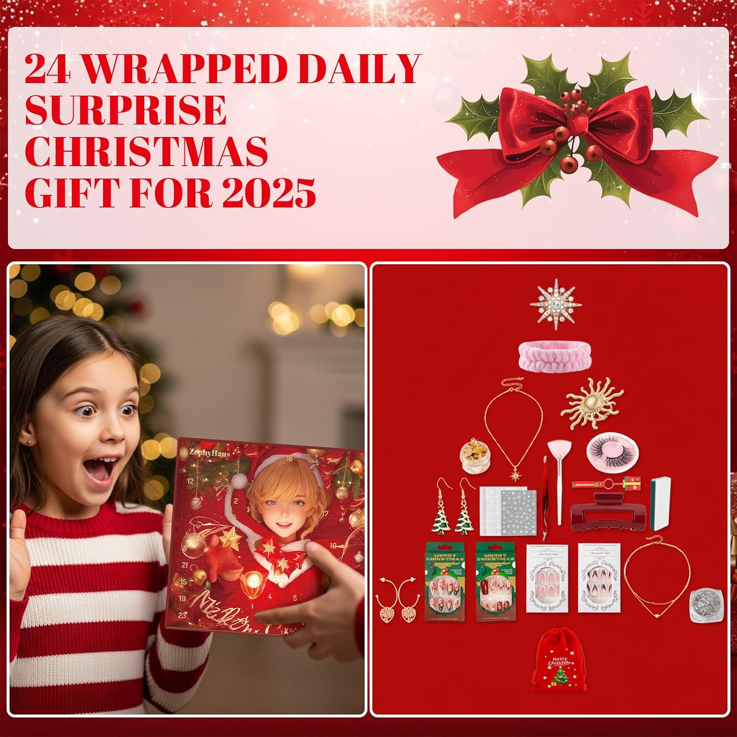 Advent Calendar 2025, 24 Day Beauty Countdown Calendar with Press on Nails, Nail Accessories and Makeup Ideal Christmas Gift for Girlfriend, Mom, Sister, Friend