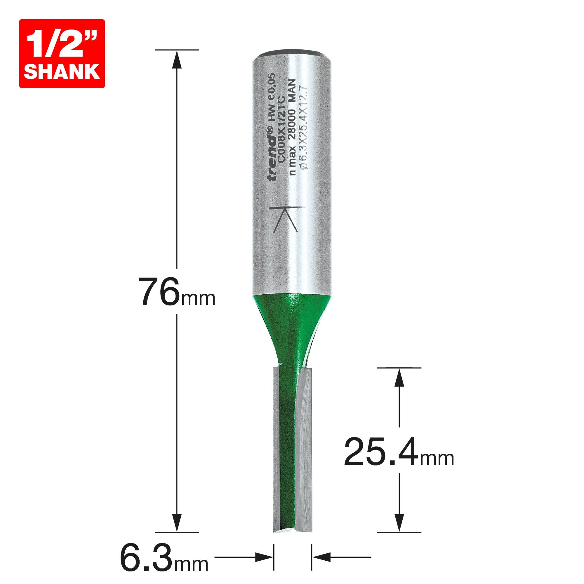Trend CraftPro Straight Two Flute Router Cutter Bit, 1/2 Inch Shank, 6.3mm Cut Diameter & 25.4mm Cut Length - Image 3