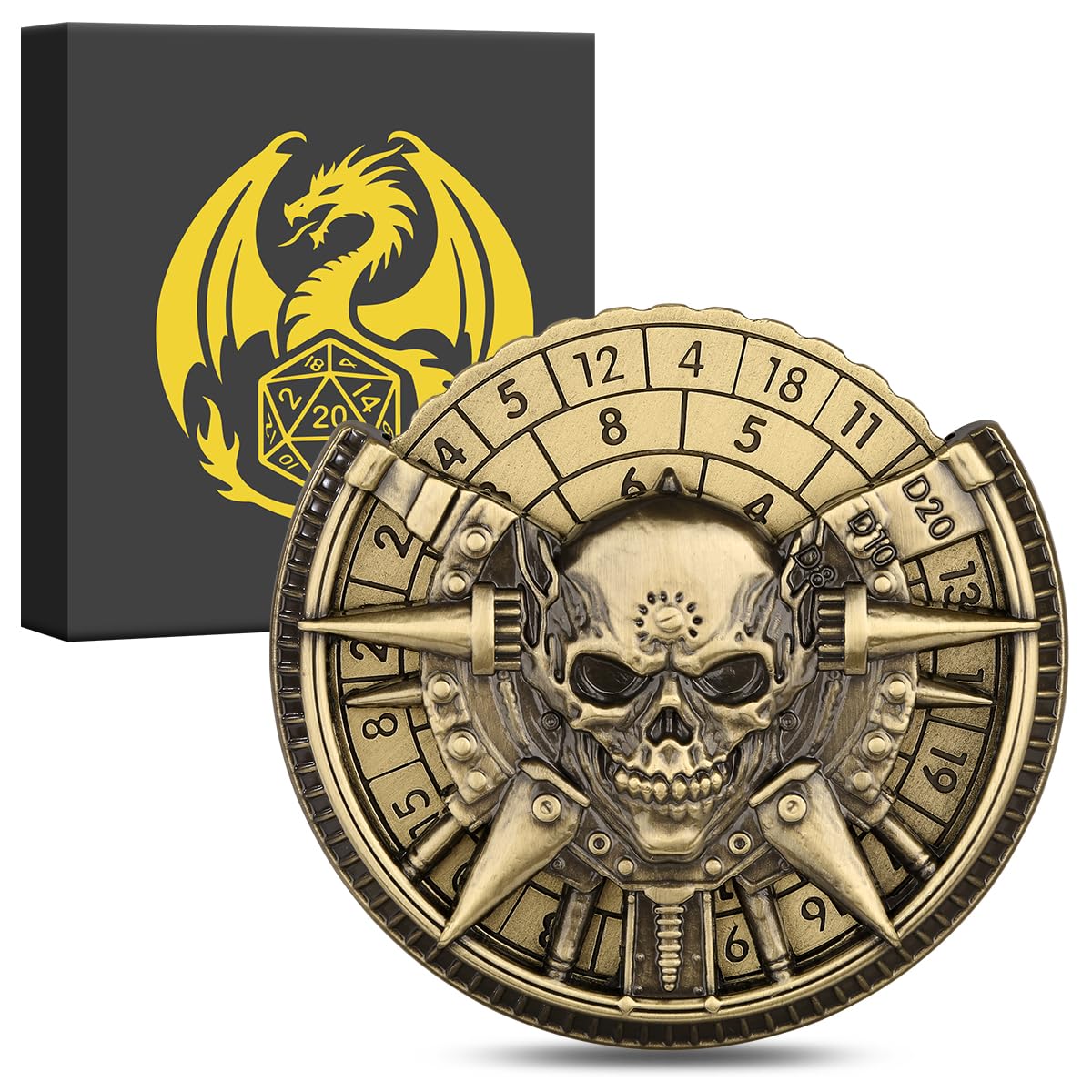 7-in-1 Corpse Skull Fingertip Gyro, DND Wheel Dice Spiner, DND Starter Set, 7-in-1 Metal D&D Dice Set, D&D Gifts with Dragon Logo Gift Box, Tabletop Games, Role Playing Board Game Accessories, Bronze