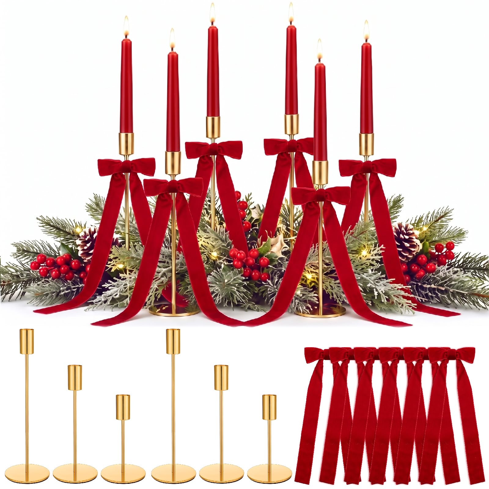 6 Sets Red Christmas Party Decorations, 6 Candle Holders and 6 Velvet Ribbon Bow, Metal Brass Gold Candlestick Holders for Table Christmas Holiday Wedding Birthday Party Supplies