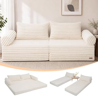 MeMoreCool Futon Schlafsofa, Faltbares Bodensofa mit Kissen, Beige | Bequemes Klappsofa mit Schlaffunktion, Ideal als Gästebett und Lounge Sofa für Wohnungen mit Wenig Platz