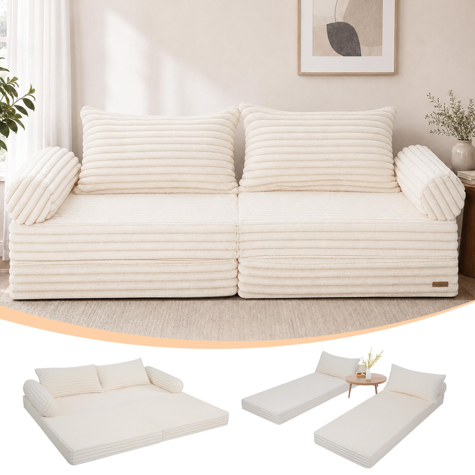 MeMoreCool Convertible Sofa Bed, Split Floor Boneless Couch, Beige