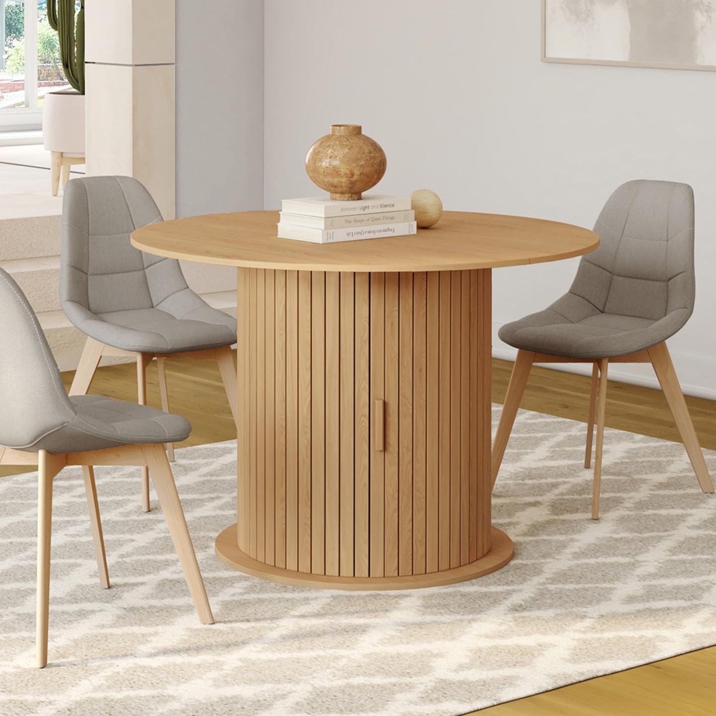 IDMarket - JULIETTE Tavolo da pranzo rotondo allungabile per 4-8 persone con gambe a doghe e contenitore 110-150 cm