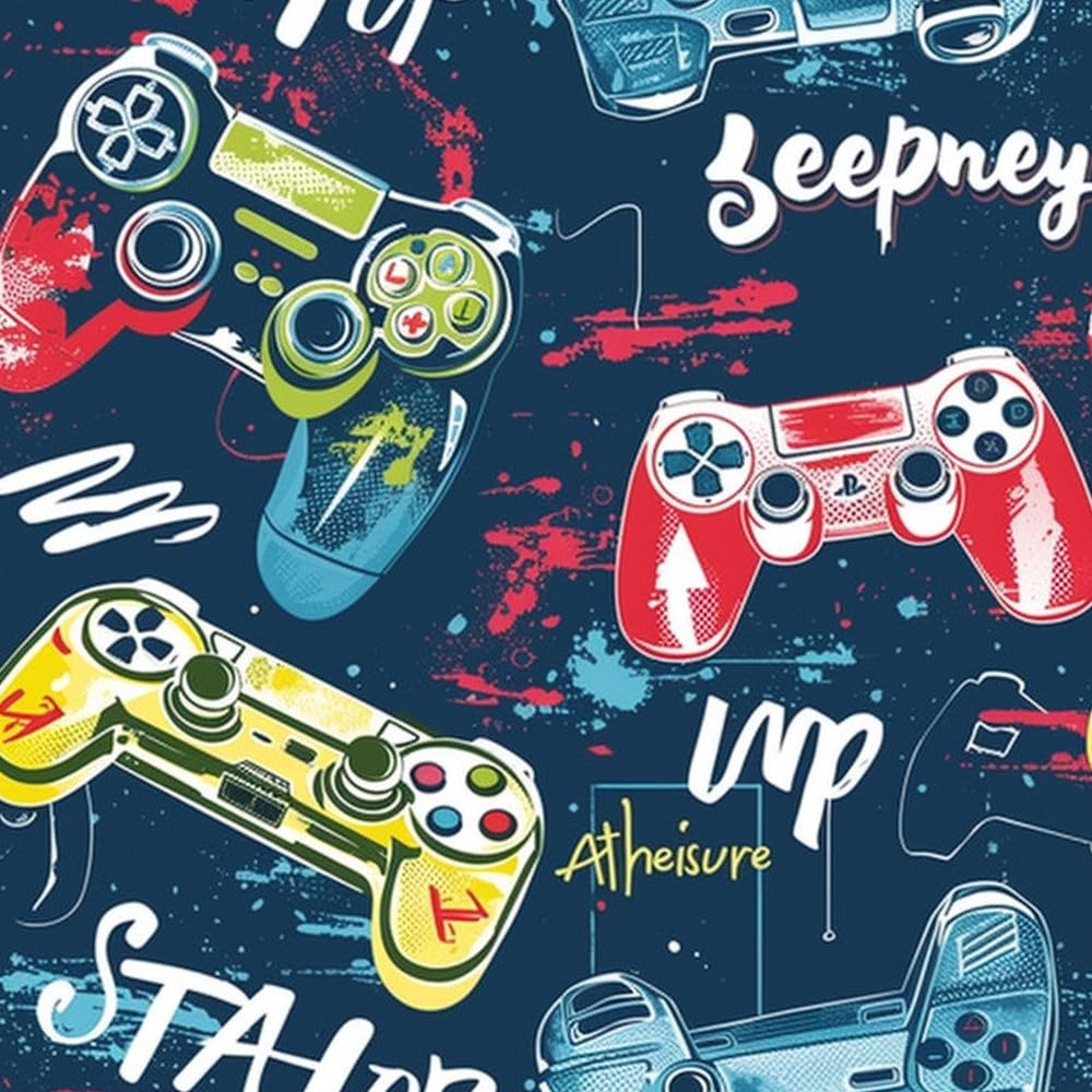 Papier peint adhésif mural motif manette de jeu colorée pour salle de bain