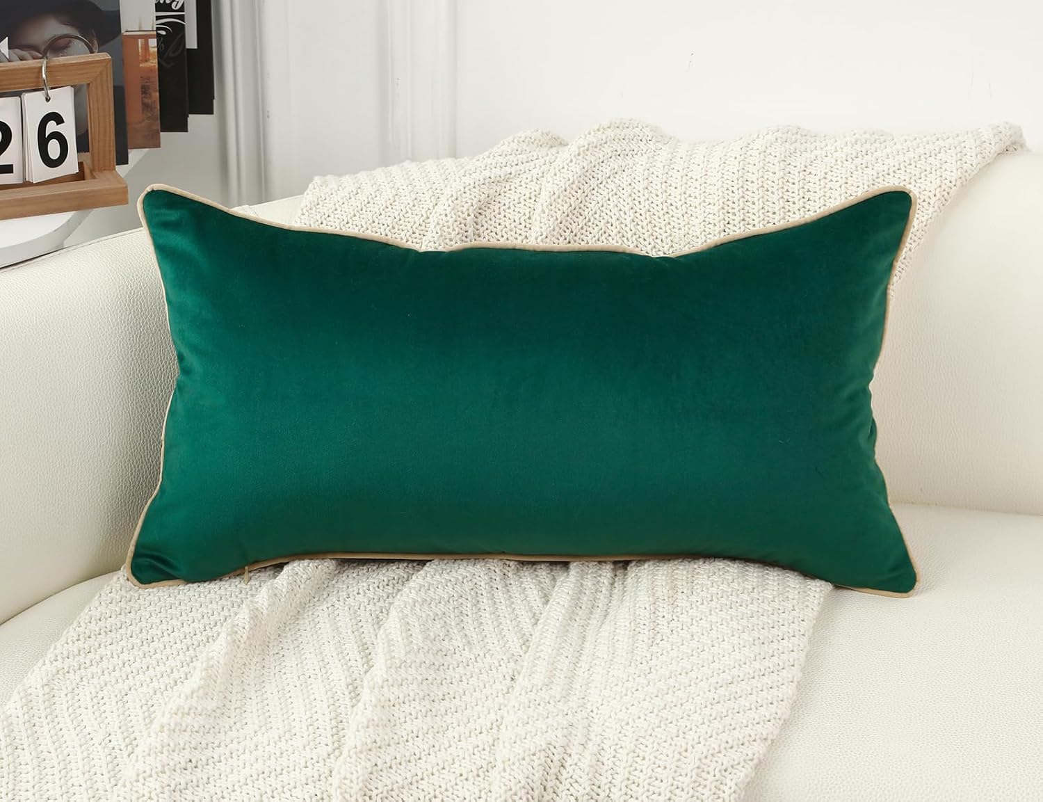 PANOD Decorative Modern Long Lumbar Pillow Cover 16 x 26, Boho Long Pillow for Bed,Soft Velvet Twigs Textured Coastal Neutral Long Rectangle Pillow Cover for Sofa Couch Farmhouse Livingroom, Green