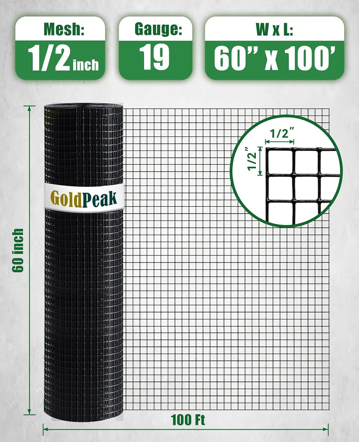 GoldPeak Black Vinyl Coated Hardware Cloth 1/2 inch 60 inch x 100 Foot - Chicken Wire Fence Roll Garden Fence Mesh Wire Fencing Welded Wire Fencing Garden Fencing Chicken Coop Wire