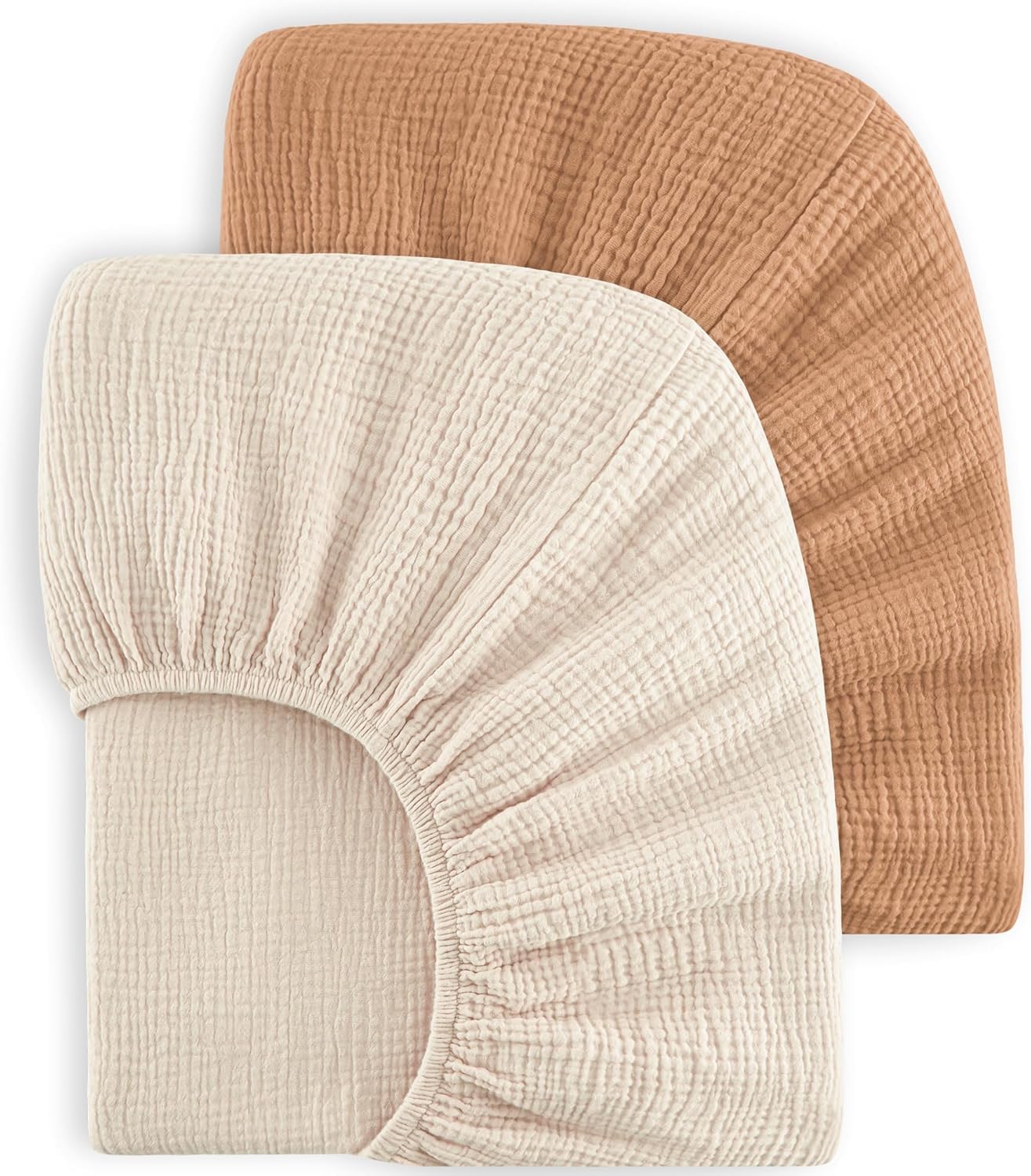 Bearmoss 2er Set Kinder Spannbettlaken,Musselin-Bettlaken 100% Baumwolle Baby-Bettlaken 60x120cm Reisebett Spannlaken Beistellbett Leintücher (Beige-Braun, 60x120cm)