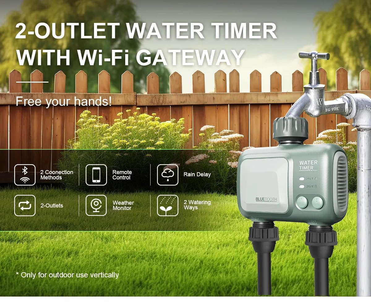 XPR3SS HCT626 2-Outlet Water Timer with Wi-Fi Gateway installed on an outdoor faucet, highlighting key features.