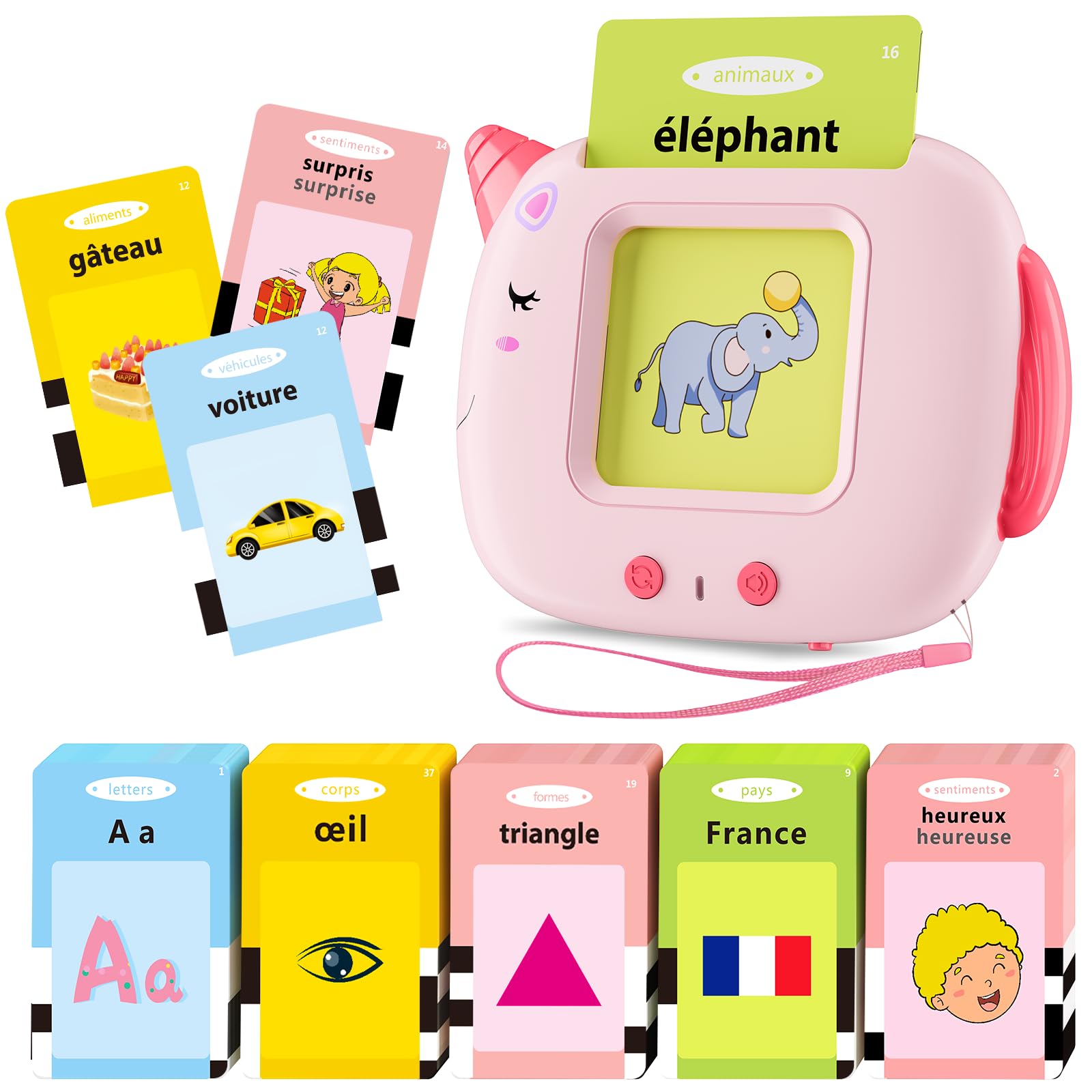 Talking Flash Cards, 420 Words Early Educational Toy, Preschool Learning Machine with English for 2-6 Year Old kids, Montessori Toys for Toddlers, Interactive Gift for Boys Girls (French Pink)