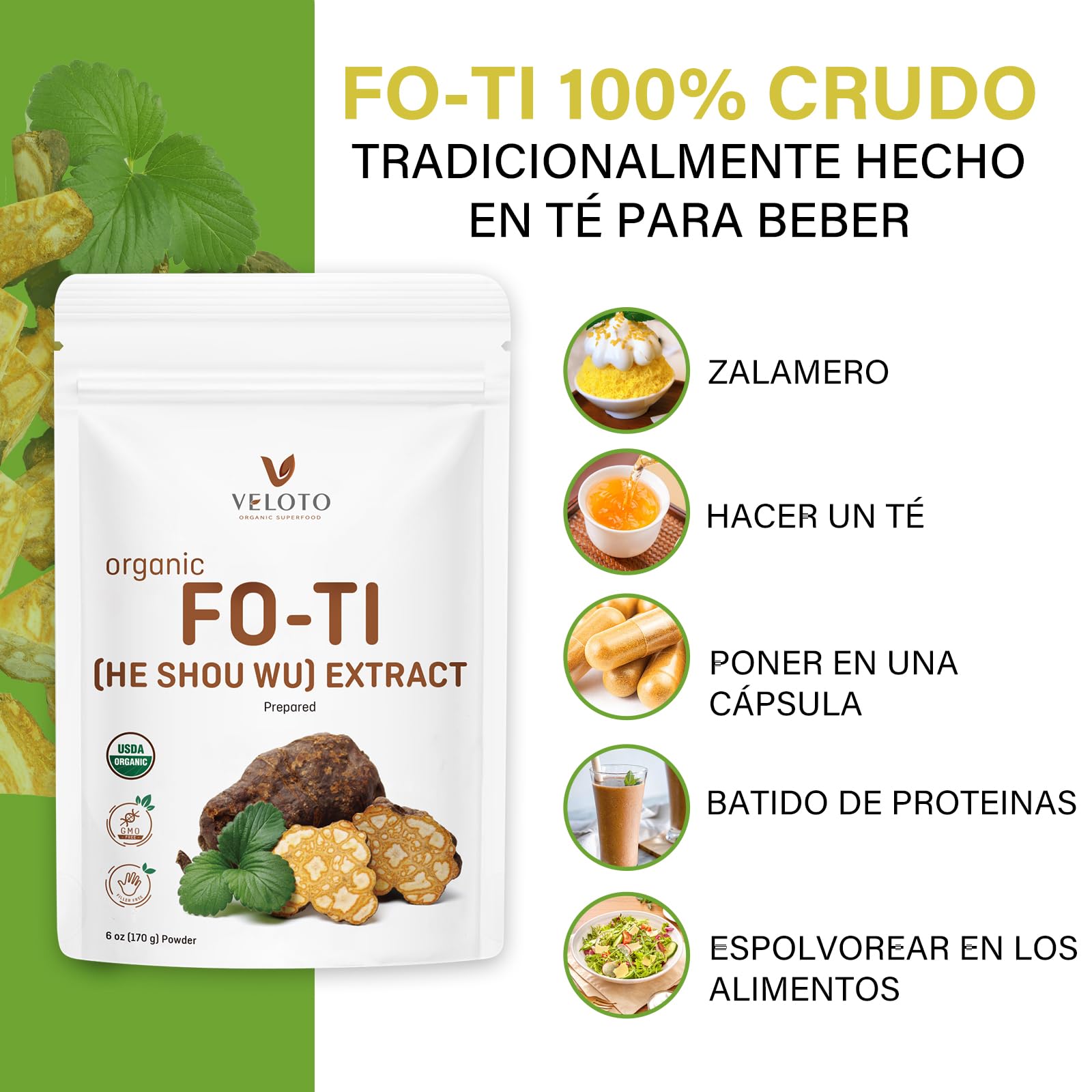 Poudre Organique de He Shou Wu, Extraits de Fo Ti, Herbe Tonique Riche en Nutriments et Antioxydants, Complément pour Soutenir l'Énergie, l'Humeur et le Système Immunitaire, Non-OGM, 170g