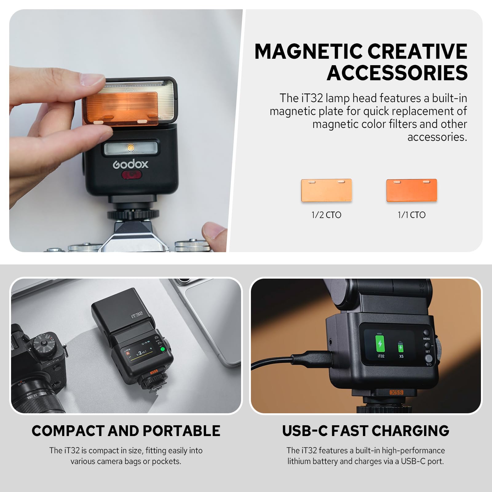 Godox iT32 Flash con X5 S Trigger per Sony, 2.4G Wireless HSS 1/8000s TTL Speedlite iT32 S con ricevitore integrato, batteria al litio e diffusore, slitta a contatto magnetico