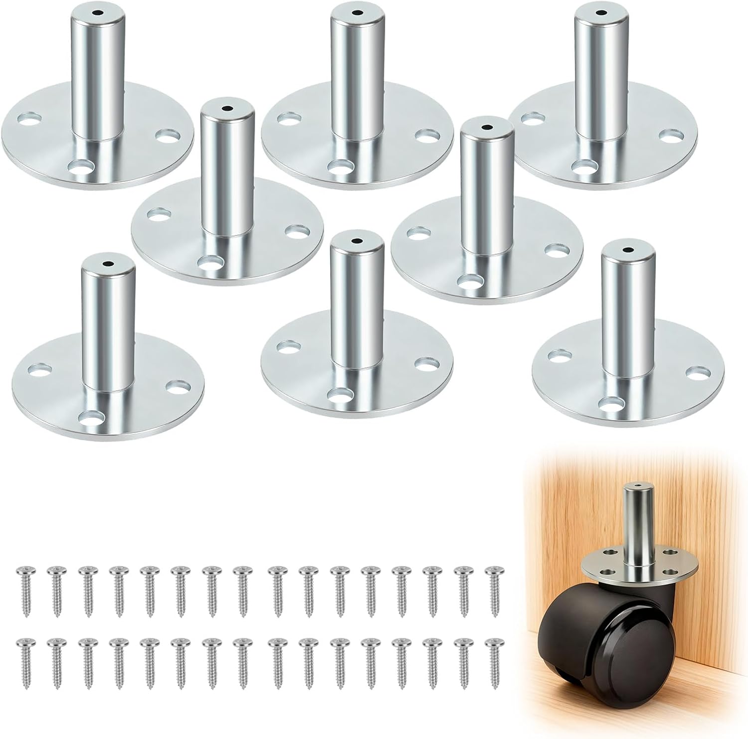 8 Pcs Broad Brimmed Caster Socket with 32 Screws, Stainless Steel Hat Sockets for 7/16" Caster Stem, Caster Stem Inserts for Bookshelves, Musical Equipment, Tables, Piano, Flower Stands