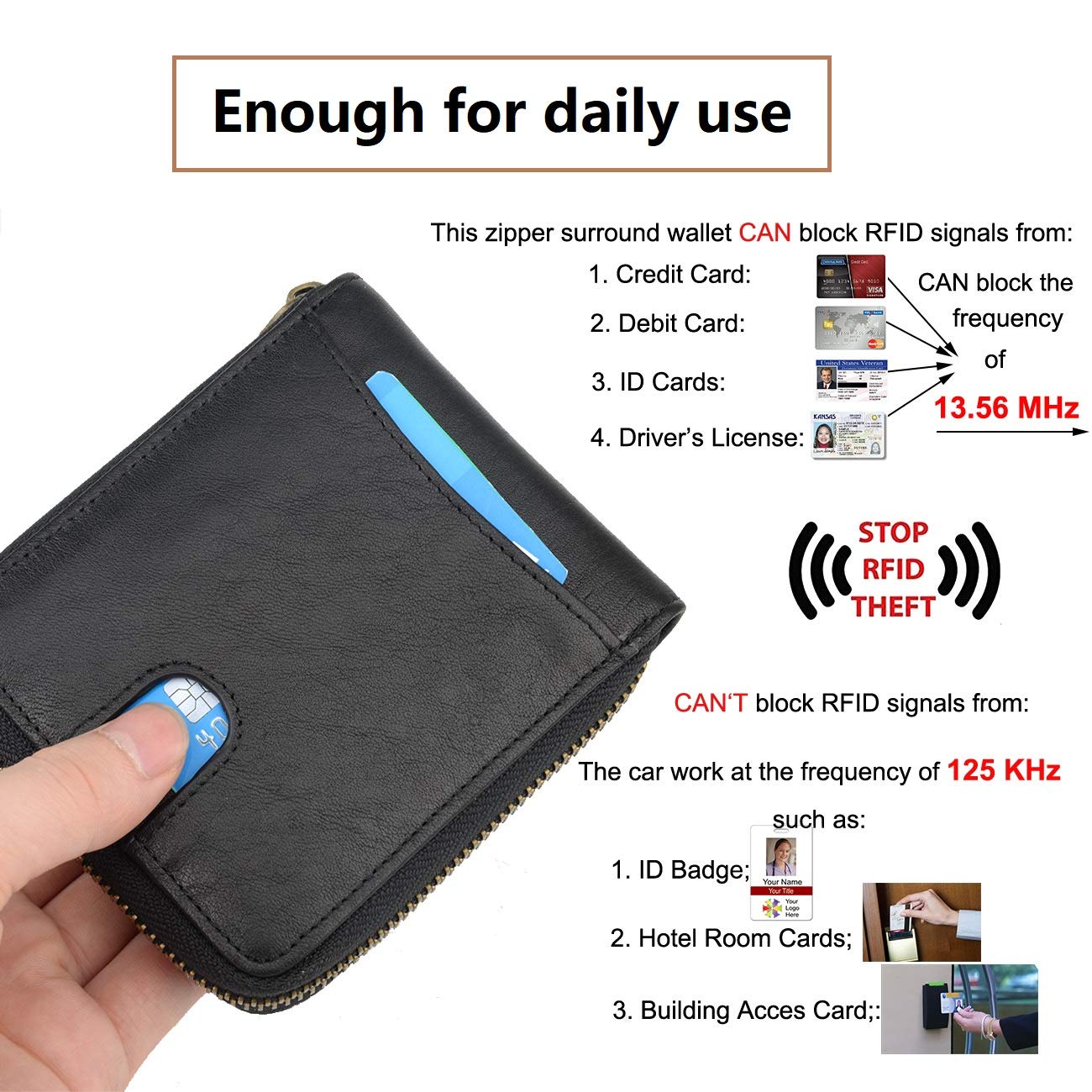 Genuine Leather Zipper Wallet With Coin Pocket, RFID Blocking Zip Around Front Pocket Bifold Wallet, Gift for Men (Black)