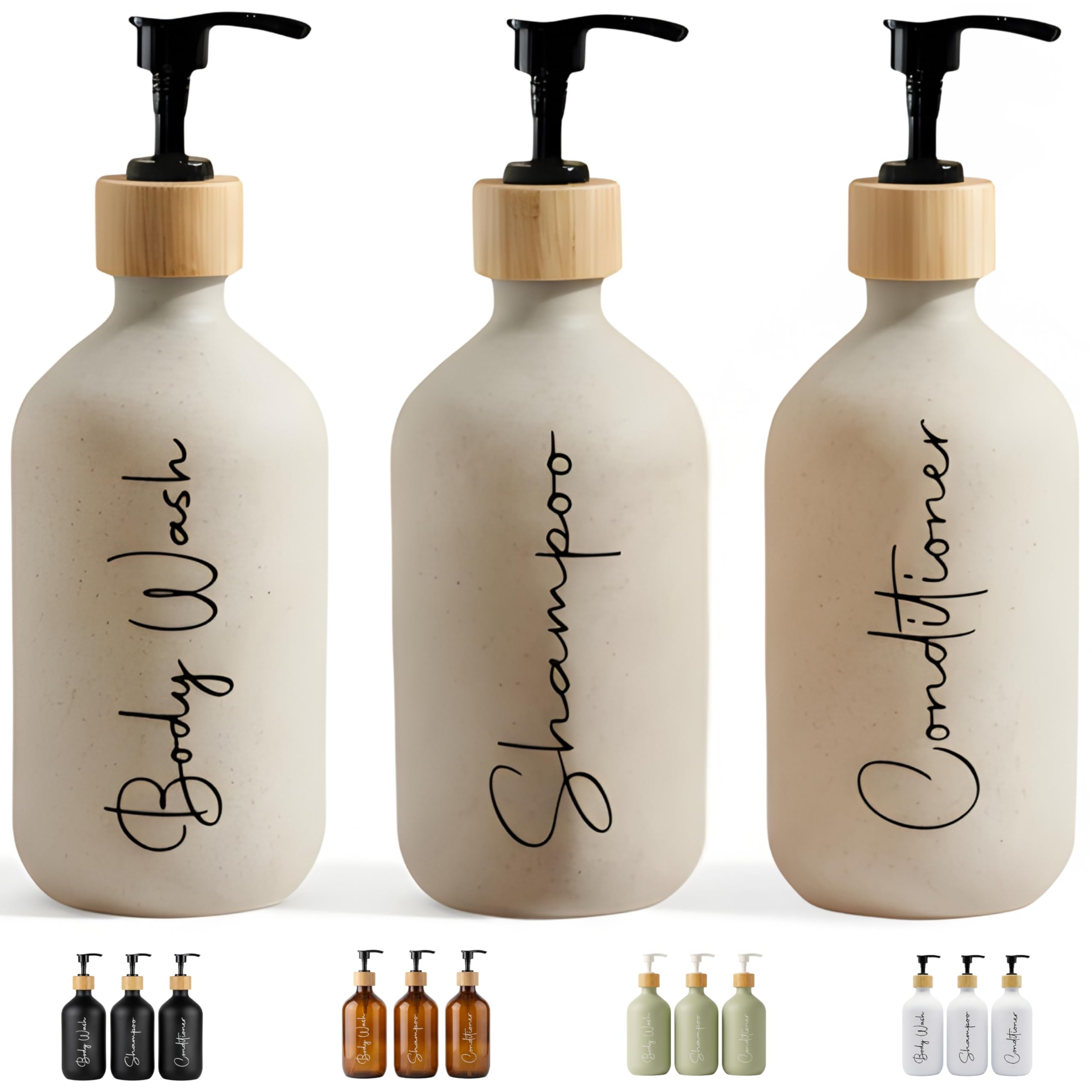 Dispensador Jabon Baño Beige 500ml - Set de 3 Botes para Gel y Champu Acondicionador + Embudo para Rellenado | Este Dosificador Jabon Baño es Elegante practico y mantendra su Ducha ordenada